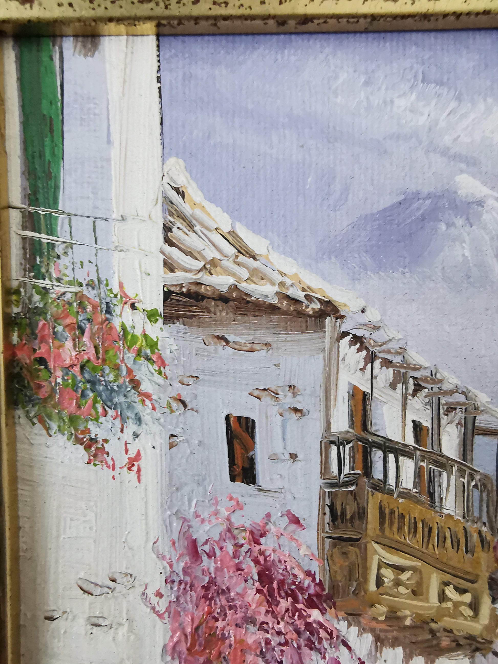 Vintage Mediterranean Impasto Oil Painting White Village Framed, Signed, 24cm x 27cm