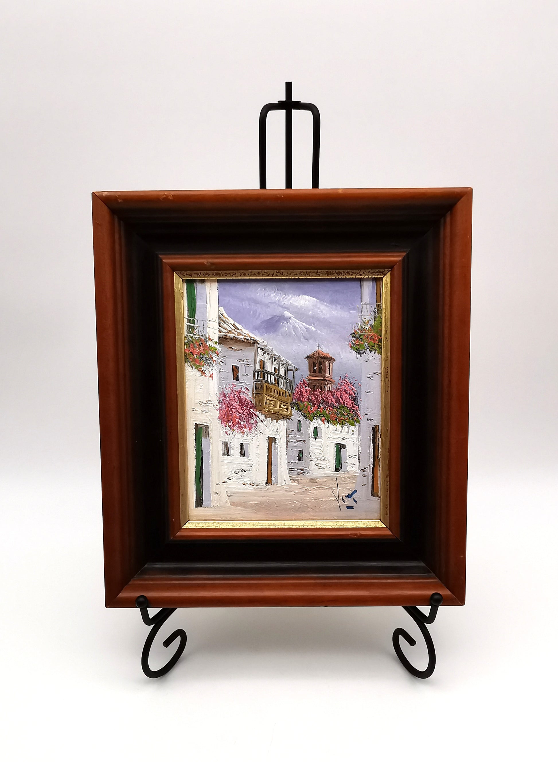 Vintage Mediterranean Impasto Oil Painting White Village Framed, Signed, 24cm x 27cm