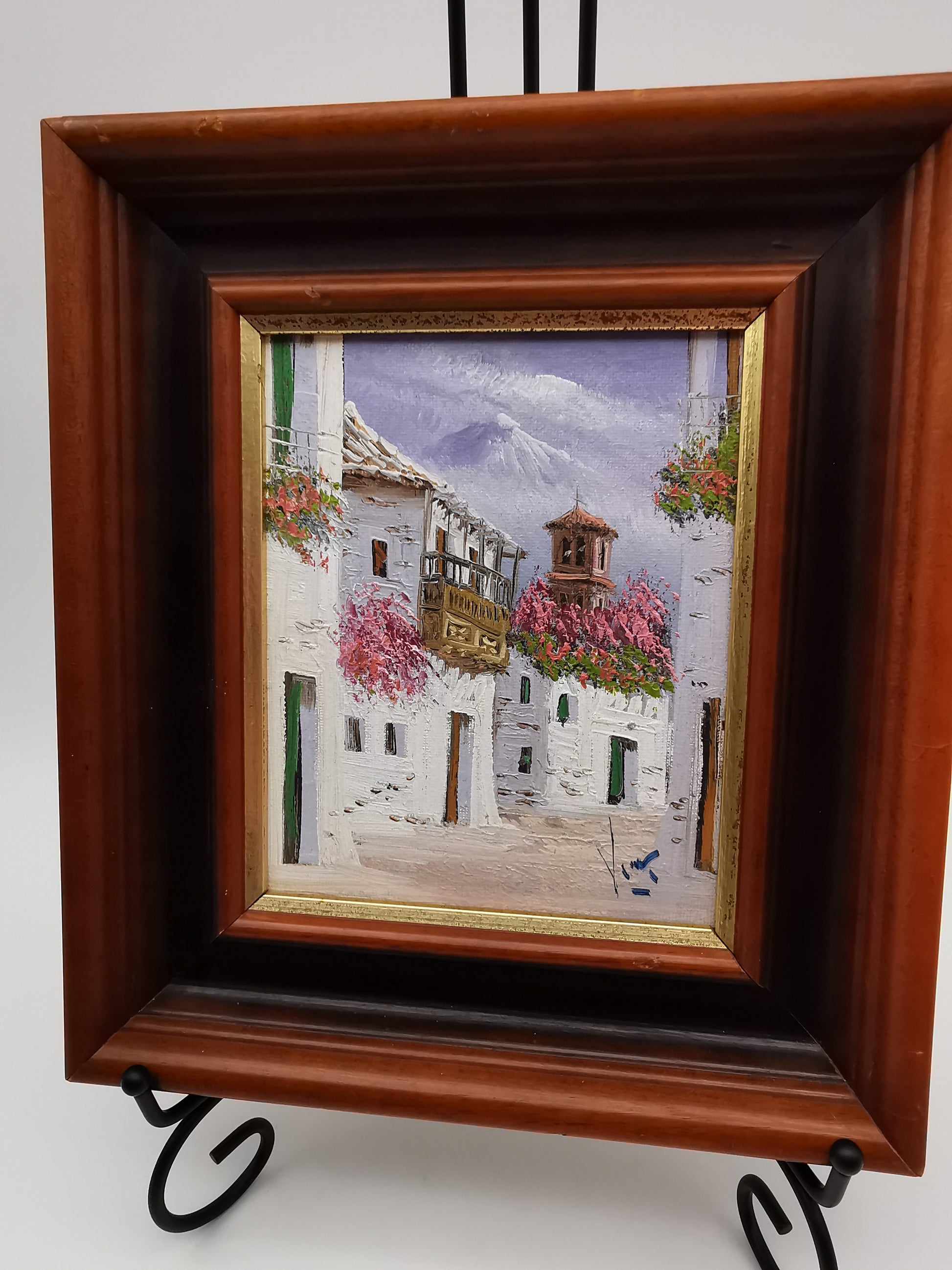 Vintage Mediterranean Impasto Oil Painting White Village Framed, Signed, 24cm x 27cm
