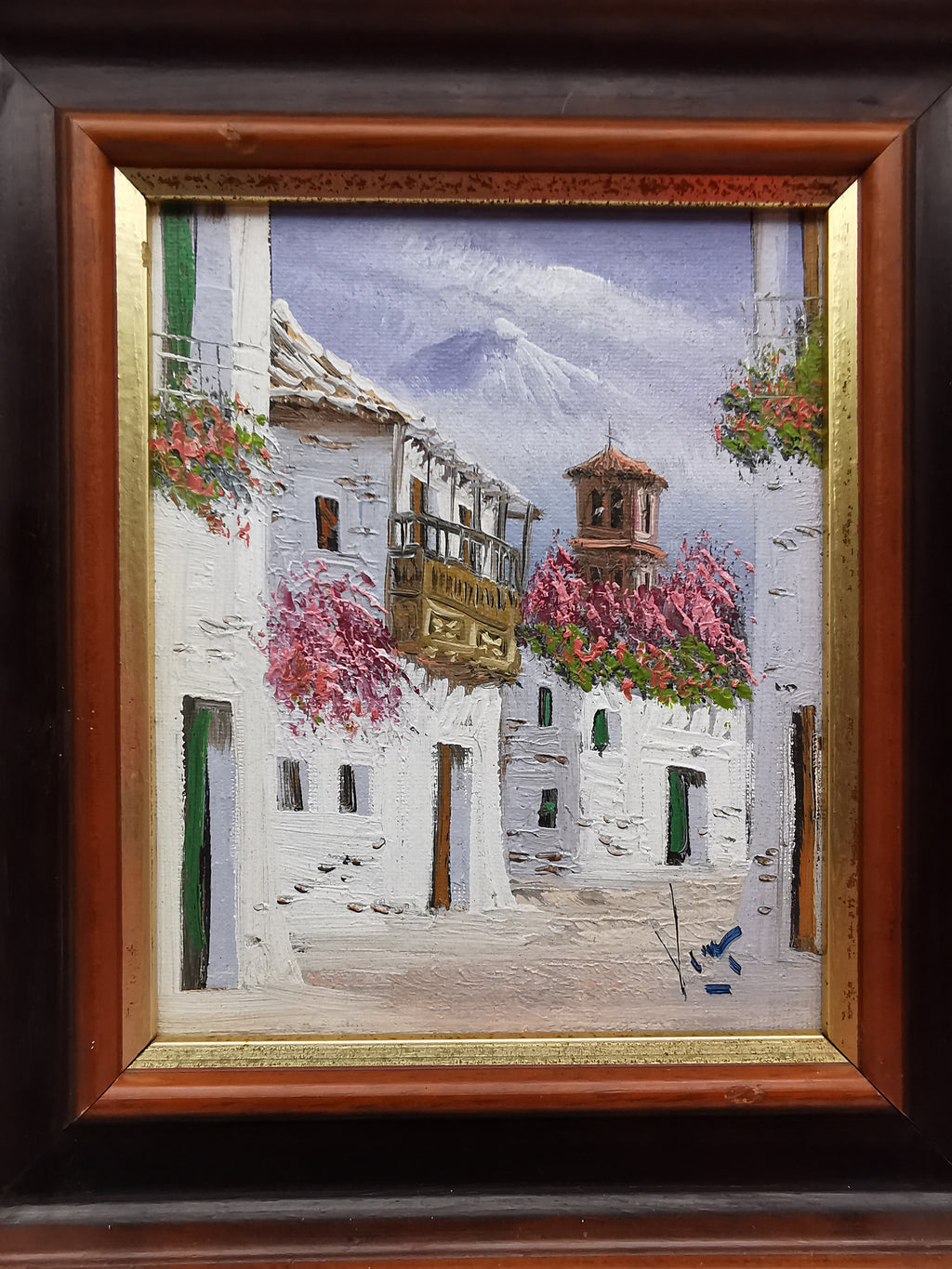 Vintage Mediterranean Impasto Oil Painting White Village Framed, Signed, 24cm x 27cm