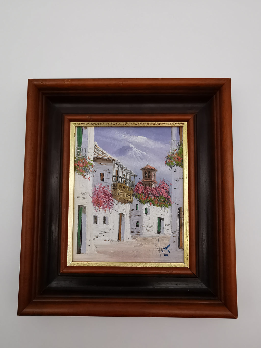 Vintage Mediterranean Impasto Oil Painting White Village Framed, Signed, 24cm x 27cm