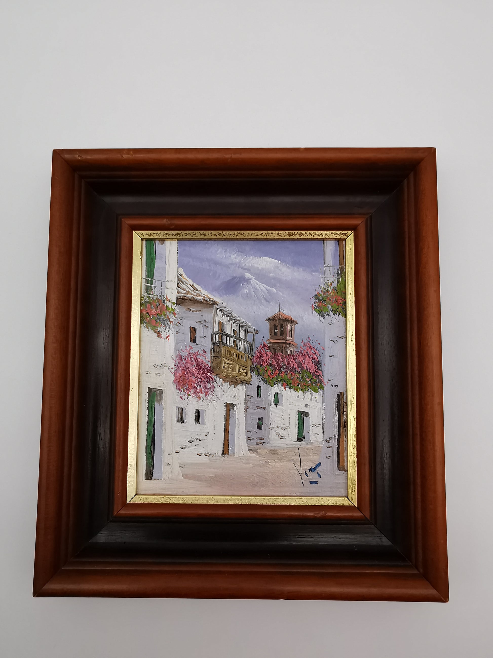 Vintage Mediterranean Impasto Oil Painting White Village Framed, Signed, 24cm x 27cm