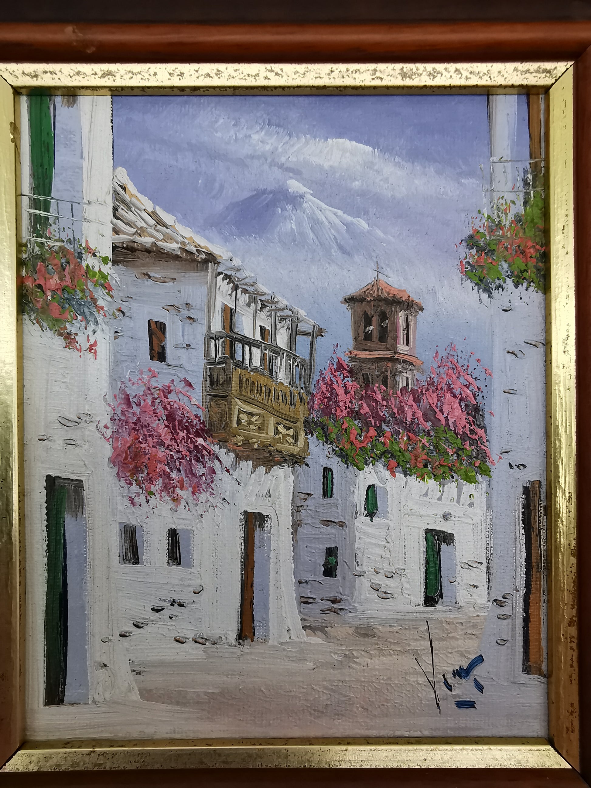 Vintage Mediterranean Impasto Oil Painting White Village Framed, Signed, 24cm x 27cm