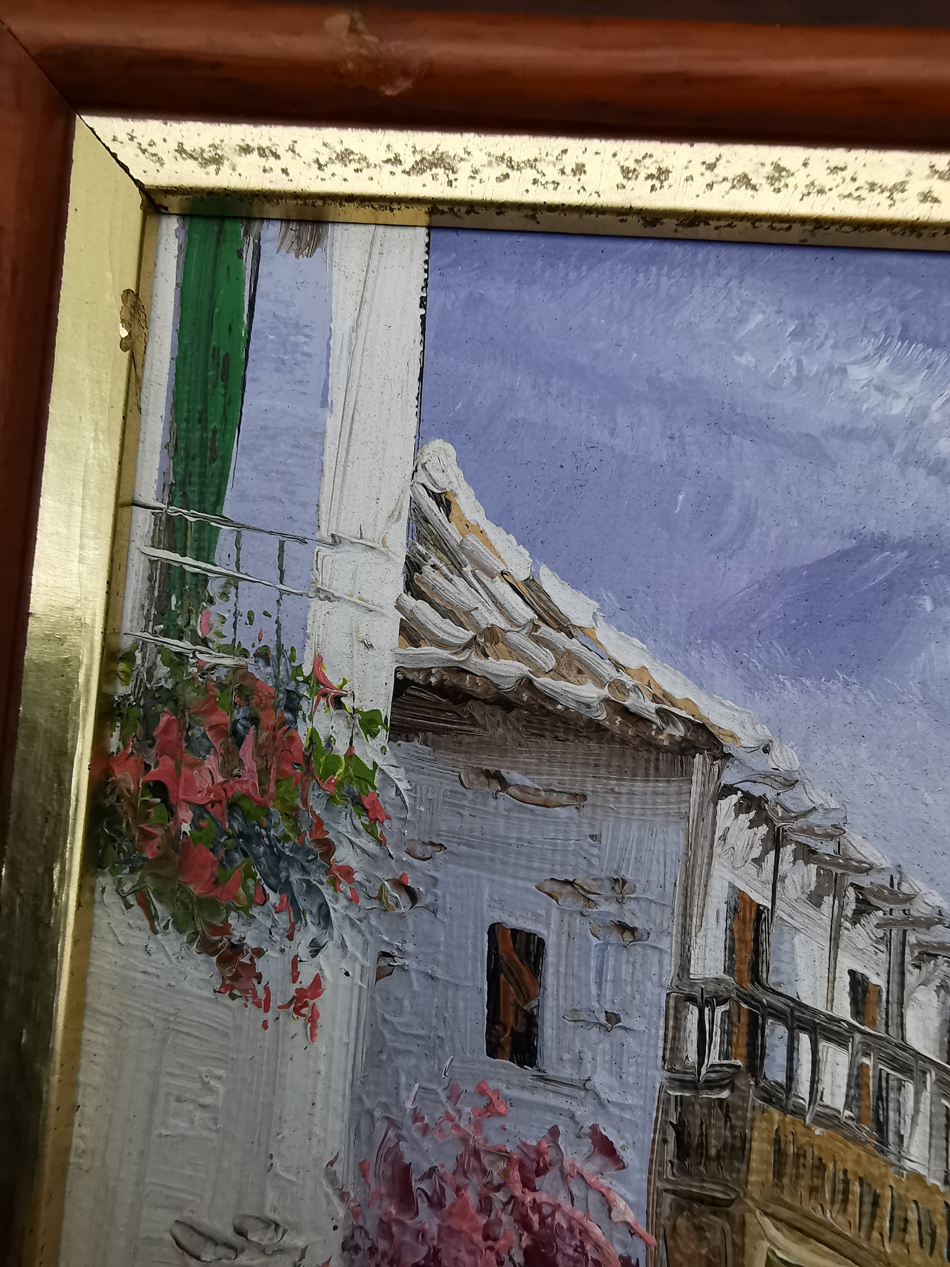 Vintage Mediterranean Impasto Oil Painting White Village Framed, Signed, 24cm x 27cm
