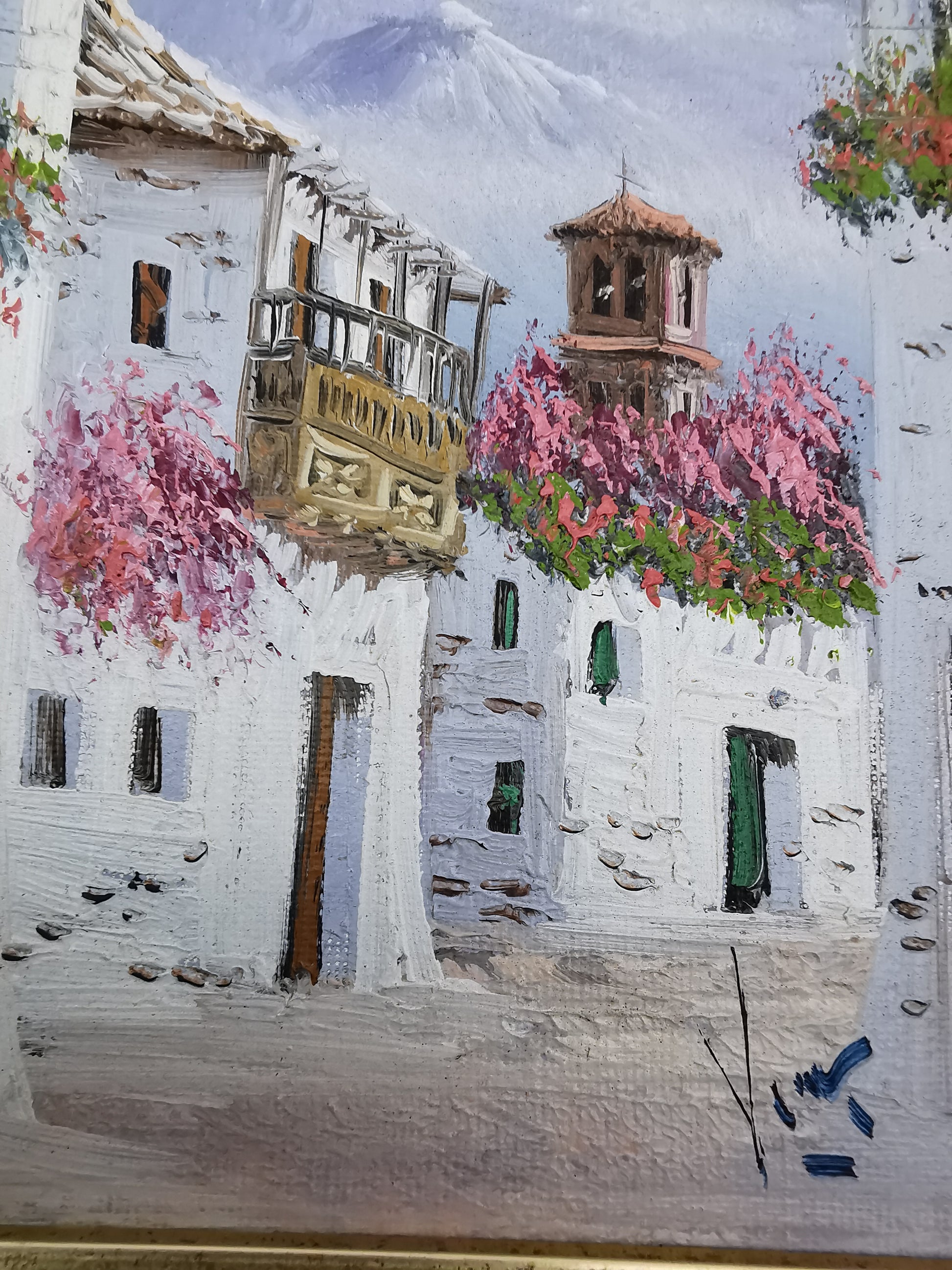 Vintage Mediterranean Impasto Oil Painting White Village Framed, Signed, 24cm x 27cm
