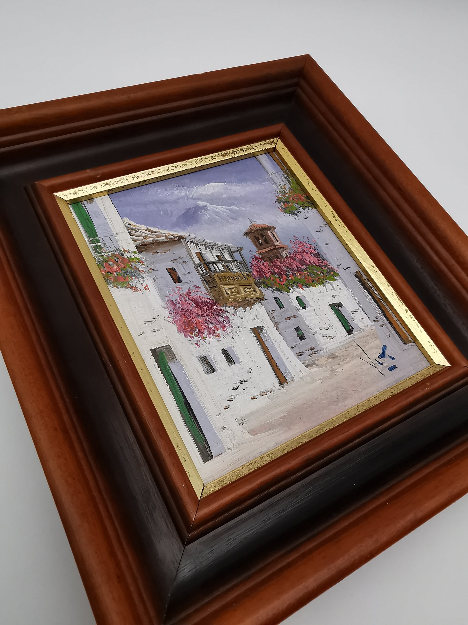 Vintage Mediterranean Impasto Oil Painting White Village Framed, Signed, 24cm x 27cm