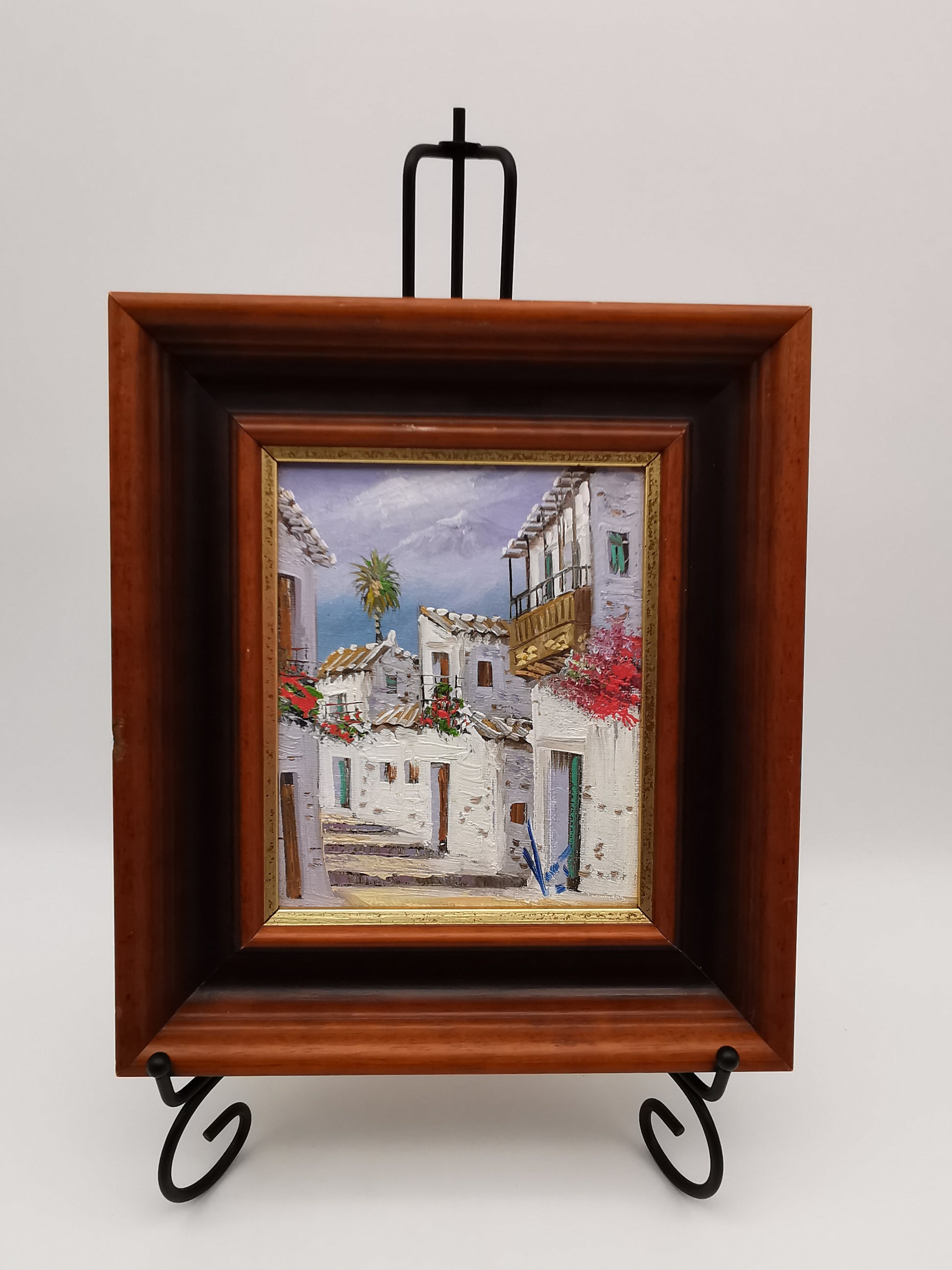 Vintage Mediterranean Village Street Scene Impasto Oil Painting – Framed, Signed, 24cm x 27cm