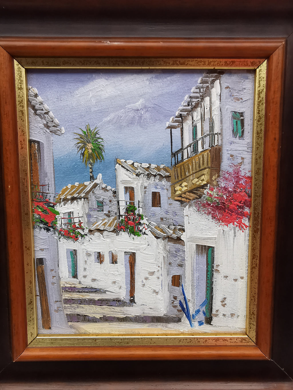 Vintage Mediterranean Village Street Scene Impasto Oil Painting – Framed, Signed, 24cm x 27cm