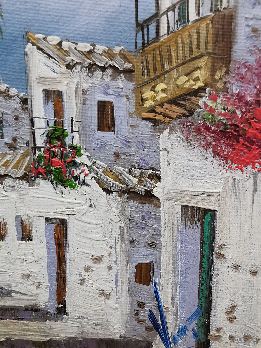 Vintage Mediterranean Village Street Scene Impasto Oil Painting – Framed, Signed, 24cm x 27cm
