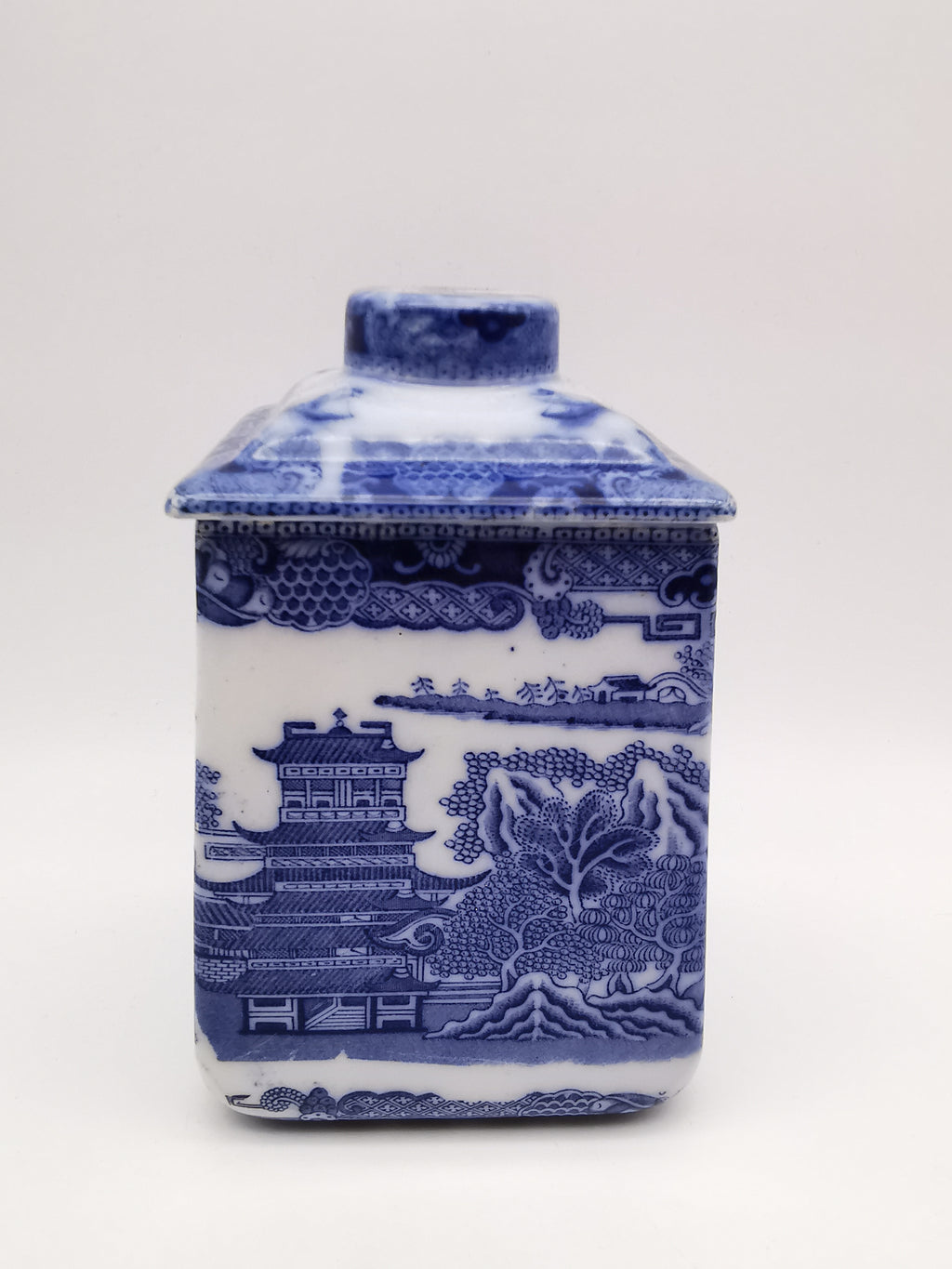 Ringtons Blue Willow Ceramic Tea Caddy / Biscuit Jar "Two Temples" Pattern