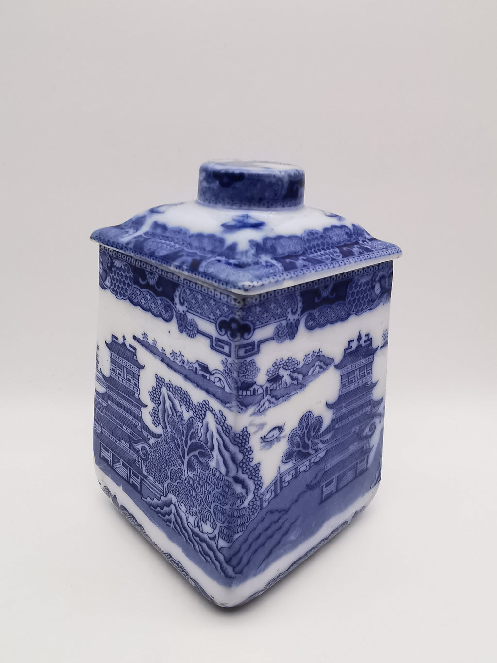 Ringtons Blue Willow Ceramic Tea Caddy / Biscuit Jar "Two Temples" Pattern