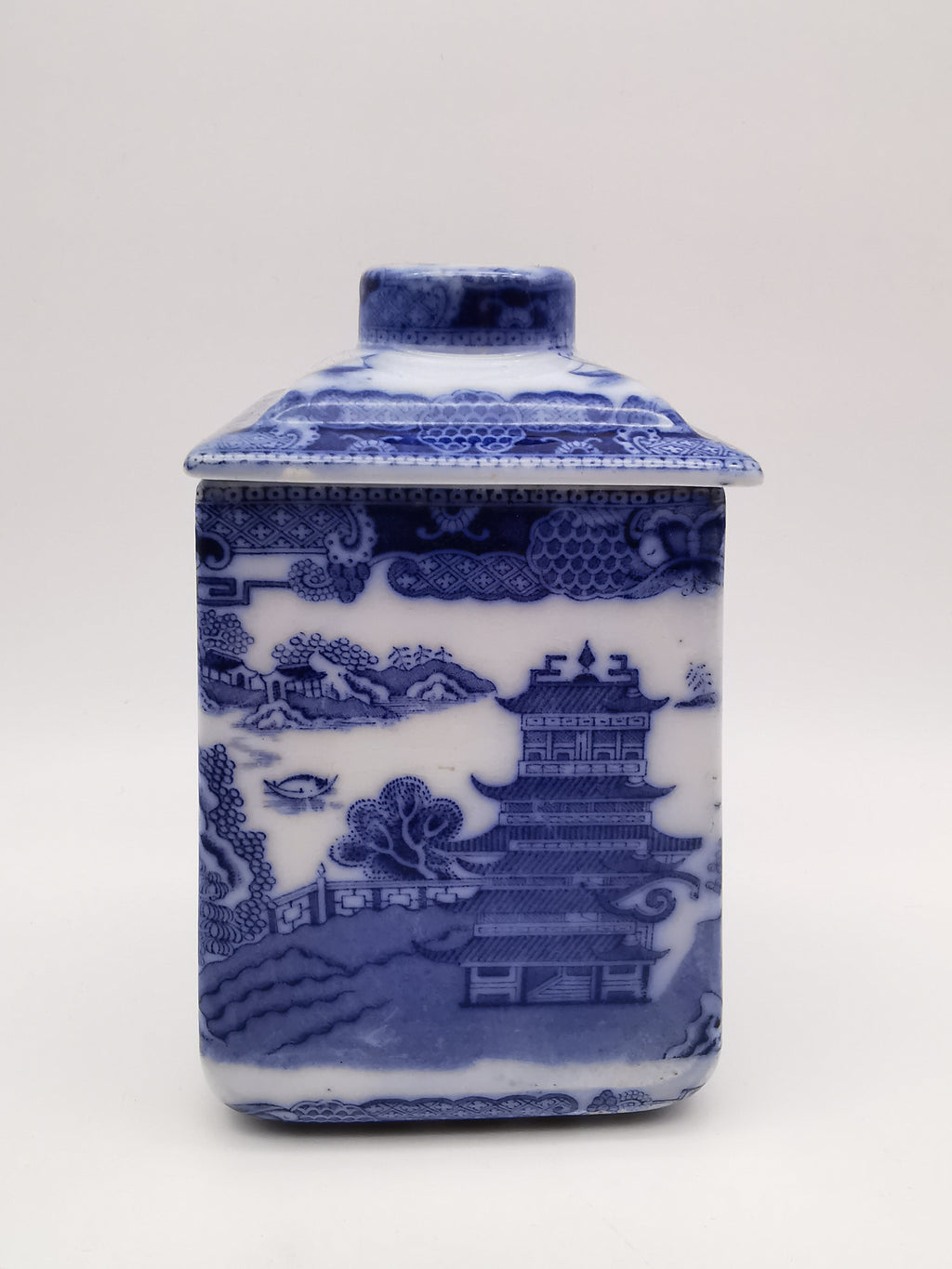 Ringtons Blue Willow Ceramic Tea Caddy / Biscuit Jar "Two Temples" Pattern