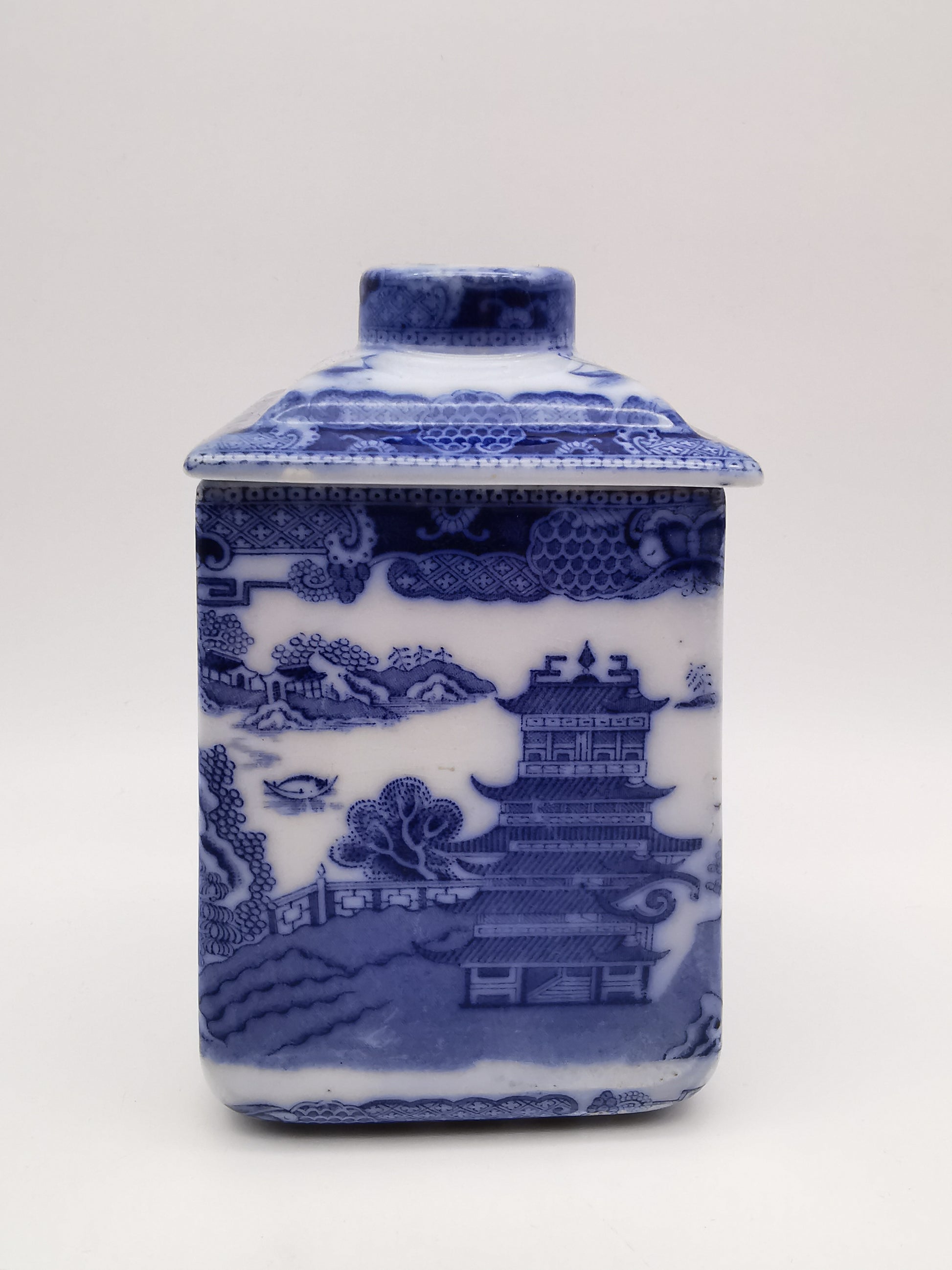 Ringtons Blue Willow Ceramic Tea Caddy / Biscuit Jar "Two Temples" Pattern