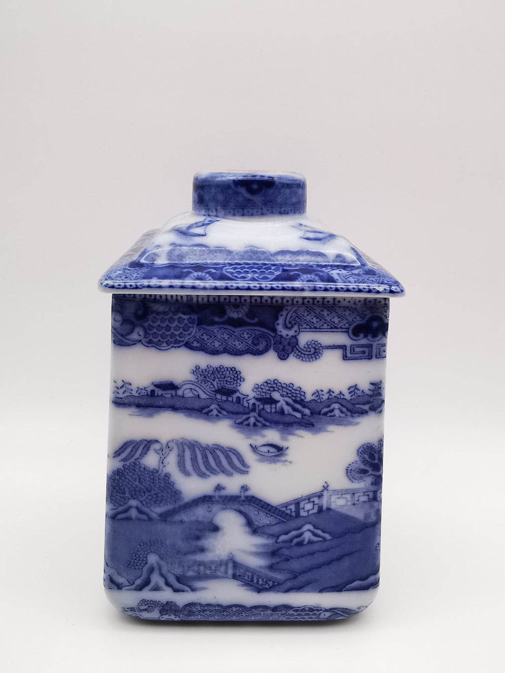 Ringtons Blue Willow Ceramic Tea Caddy / Biscuit Jar "Two Temples" Pattern