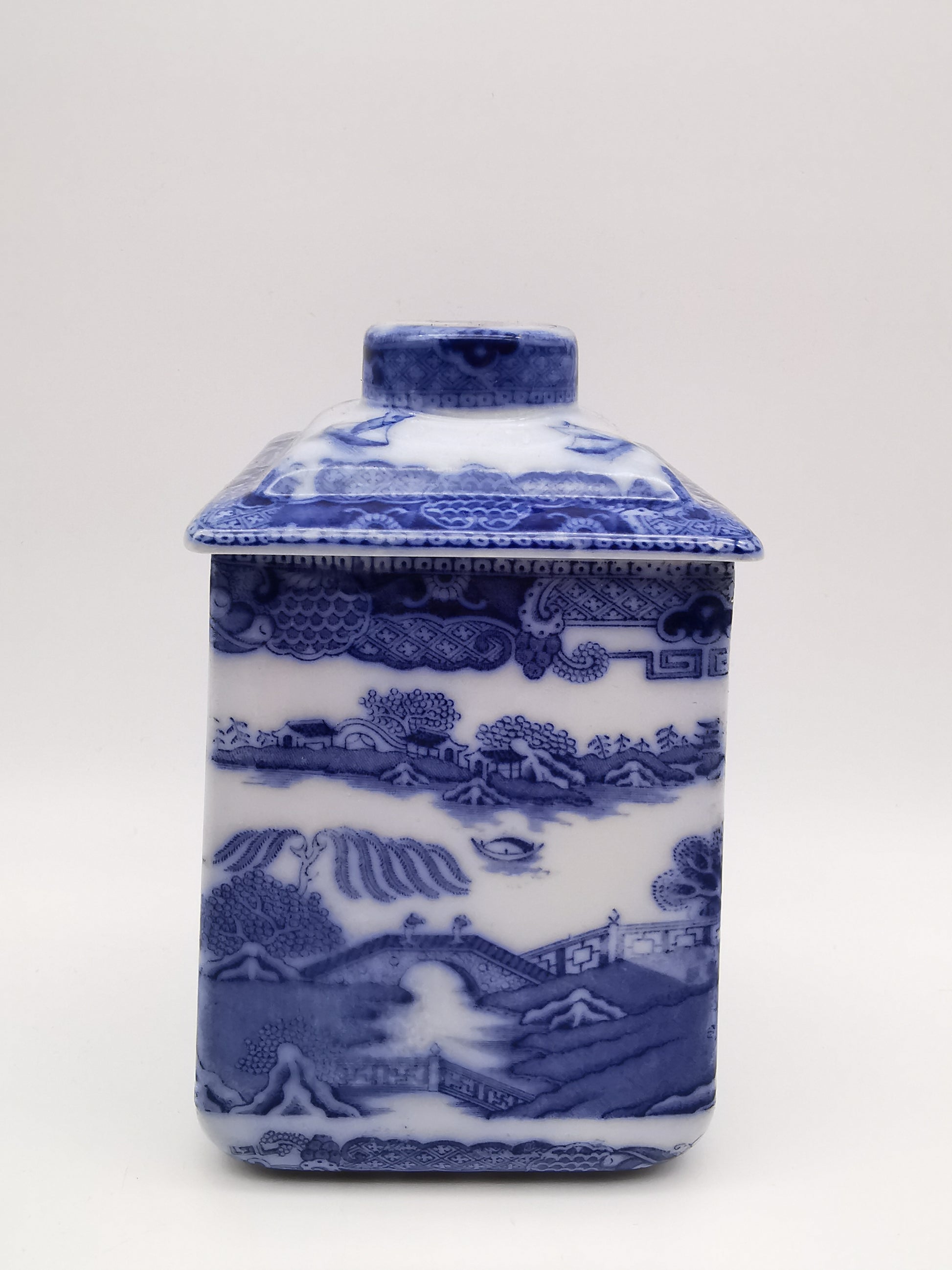 Ringtons Blue Willow Ceramic Tea Caddy / Biscuit Jar "Two Temples" Pattern