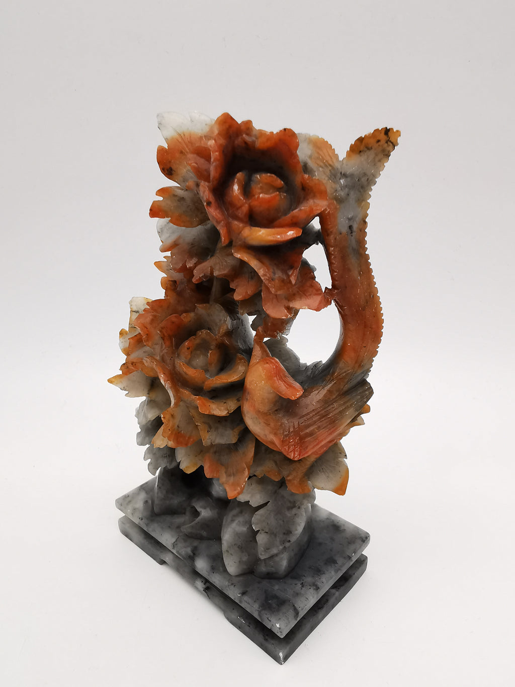 Vintage Chinese Hand-Carved Soapstone Sculpture – Peonies and Bird