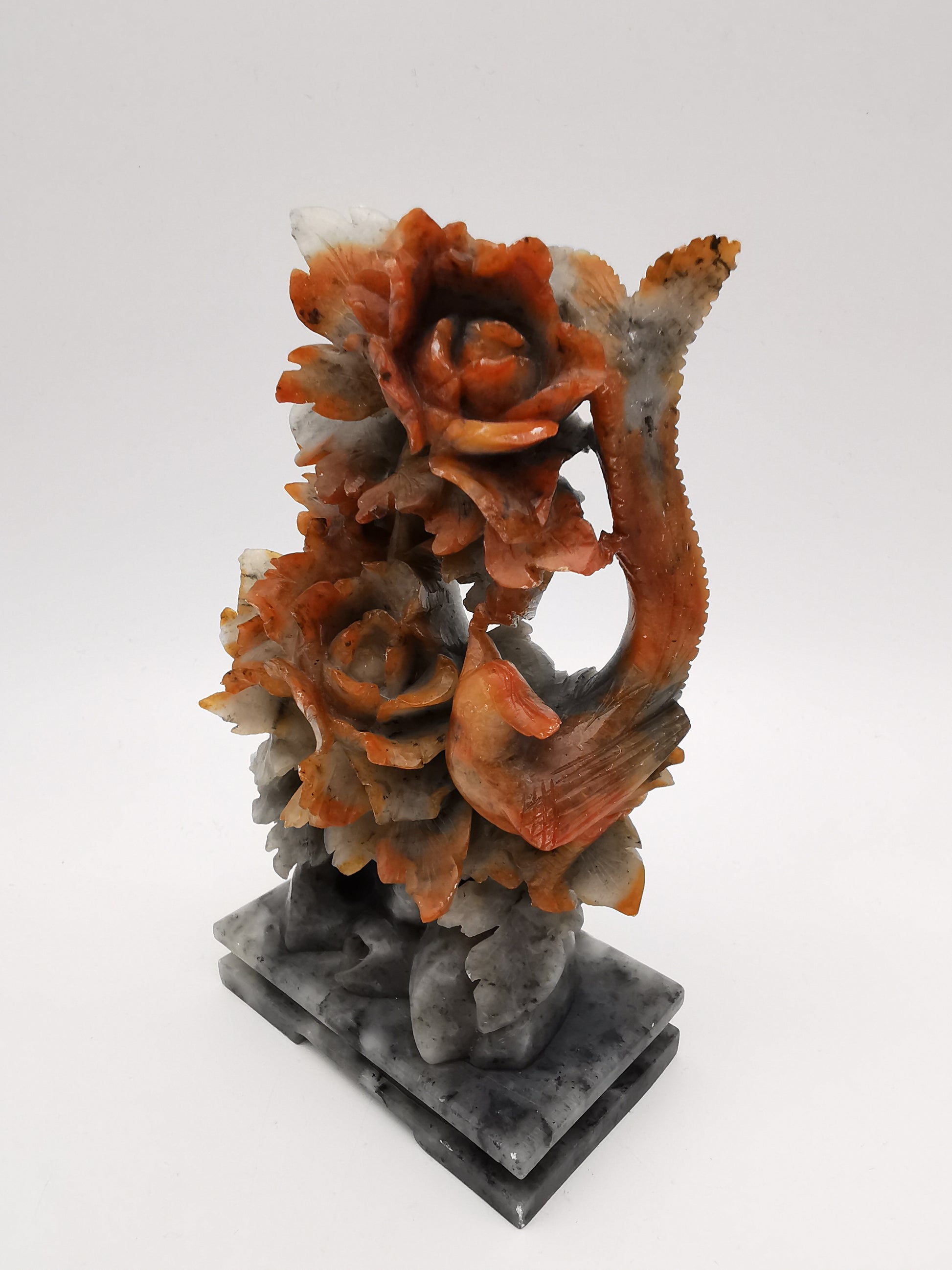Vintage Chinese Hand-Carved Soapstone Sculpture – Peonies and Bird