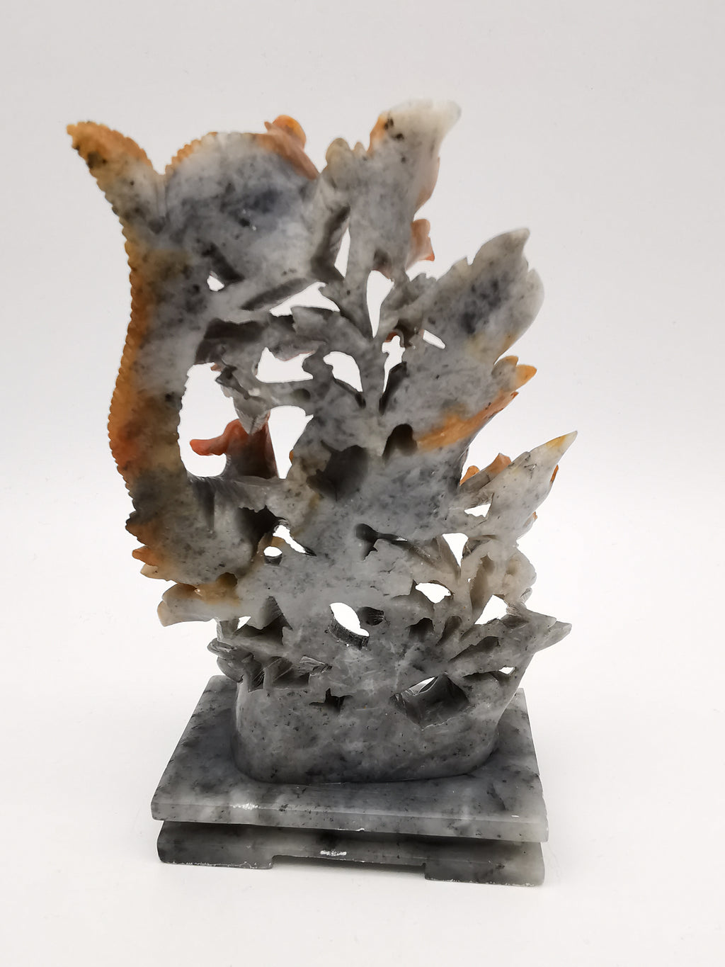 Vintage Chinese Hand-Carved Soapstone Sculpture – Peonies and Bird