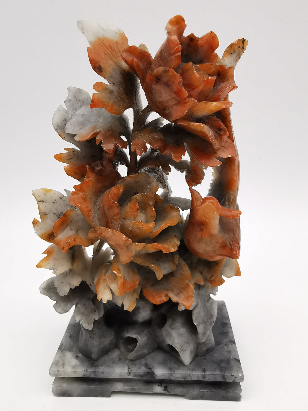Vintage Chinese Hand-Carved Soapstone Sculpture – Peonies and Bird