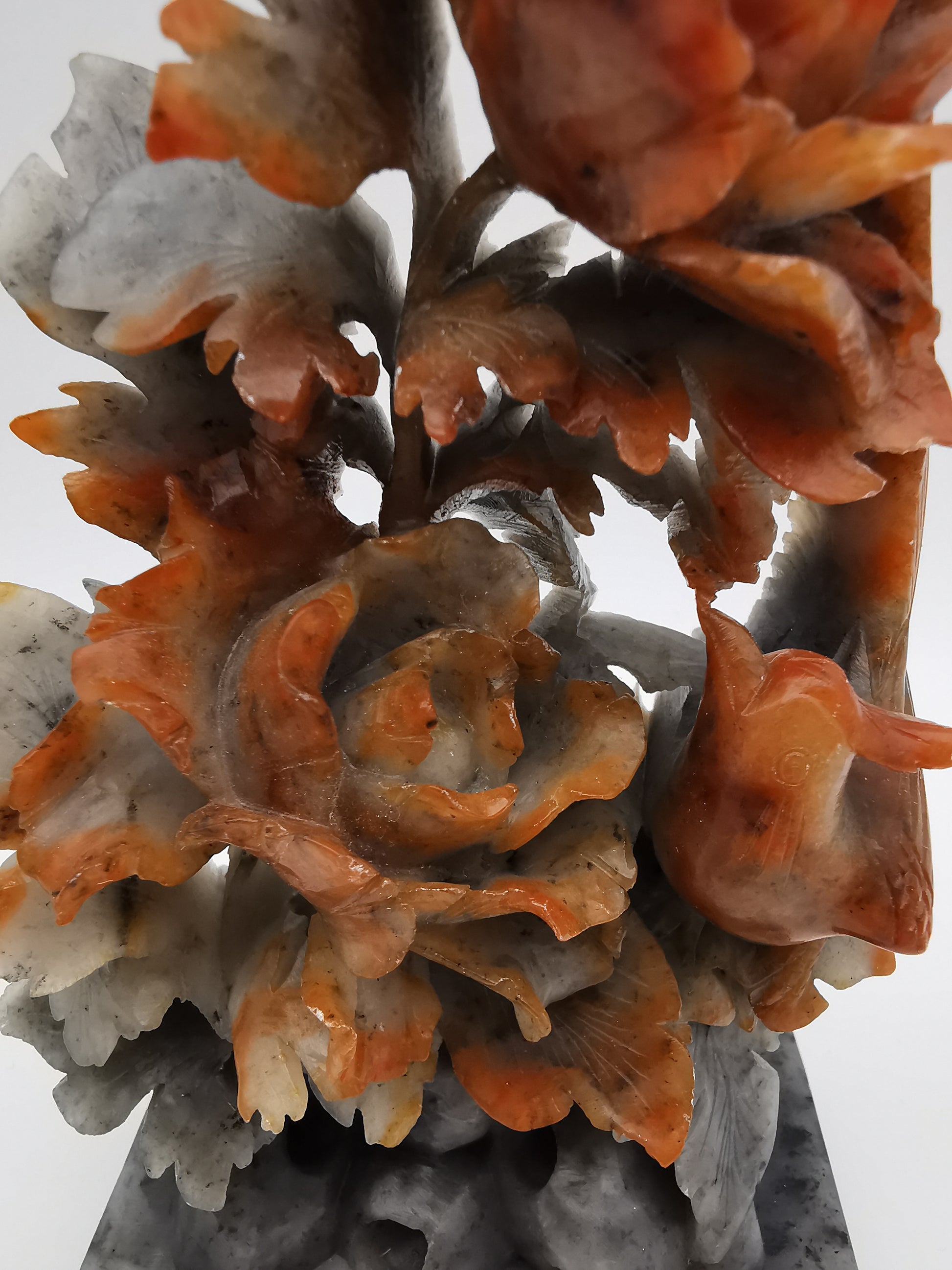 Vintage Chinese Hand-Carved Soapstone Sculpture – Peonies and Bird