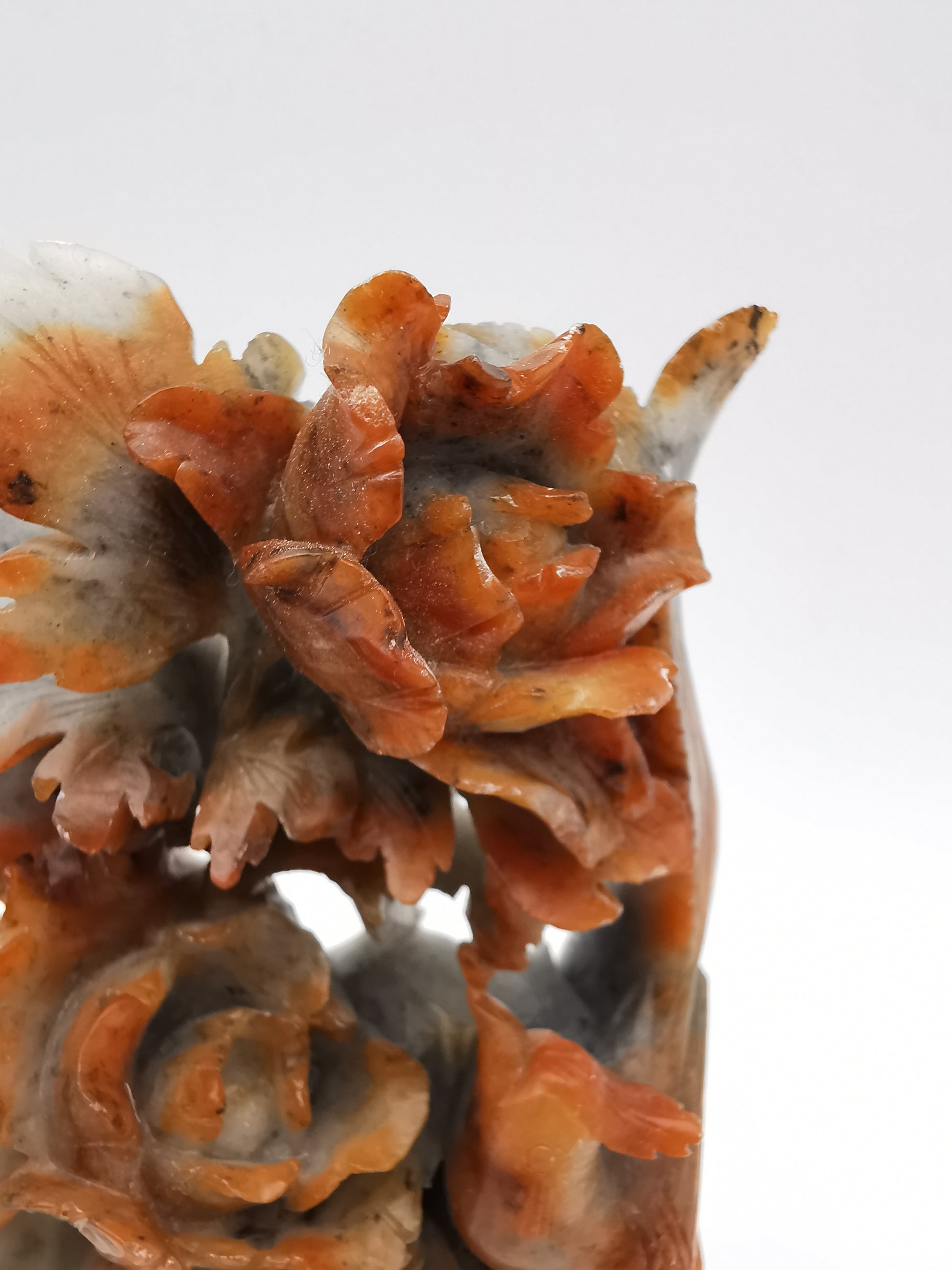 Vintage Chinese Hand-Carved Soapstone Sculpture – Peonies and Bird