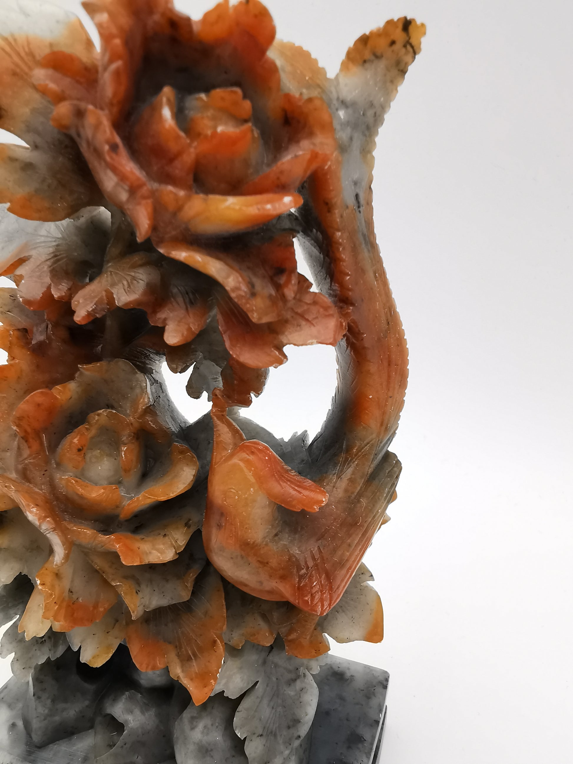 Vintage Chinese Hand-Carved Soapstone Sculpture – Peonies and Bird