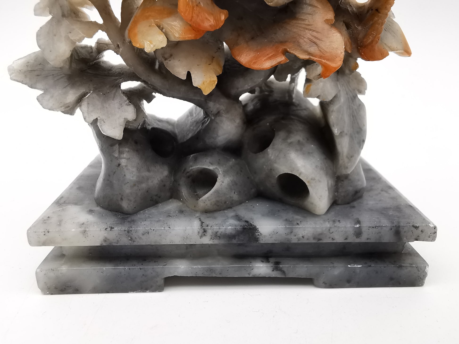 Vintage Chinese Hand-Carved Soapstone Sculpture – Peonies and Bird