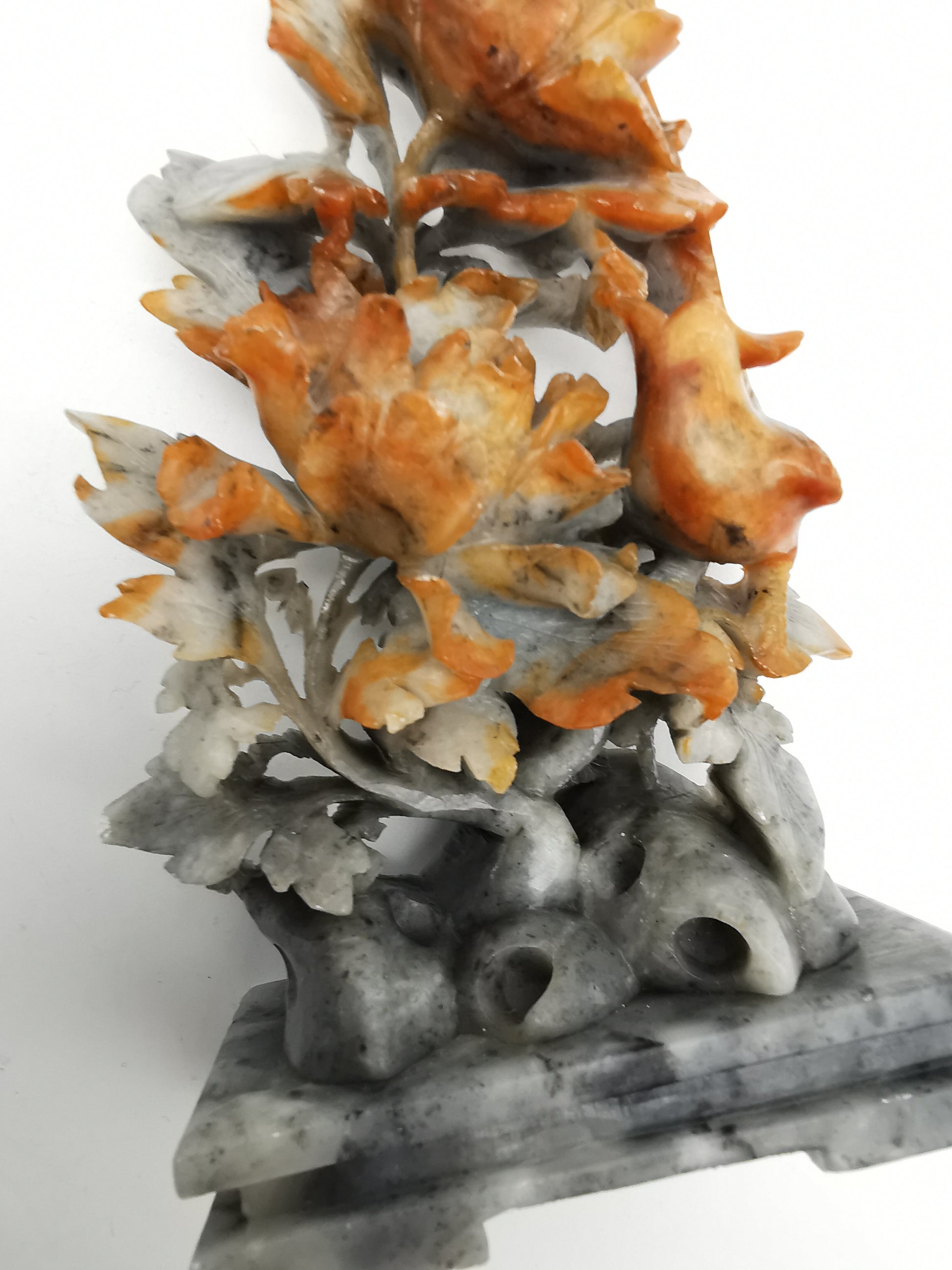 Vintage Chinese Hand-Carved Soapstone Sculpture – Peonies and Bird