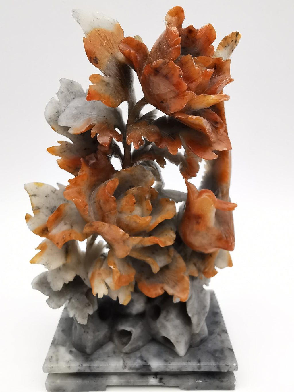 Vintage Chinese Hand-Carved Soapstone Sculpture – Peonies and Bird