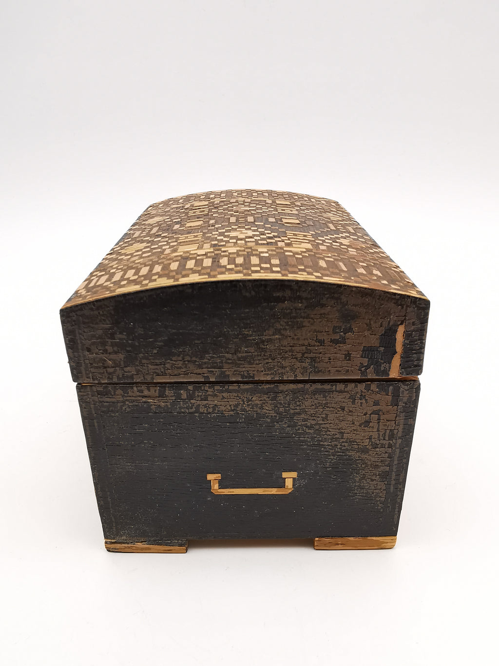 Vintage Straw Marquetry Domed Trinket Box, Intricate Geometric Mosaic Inlay