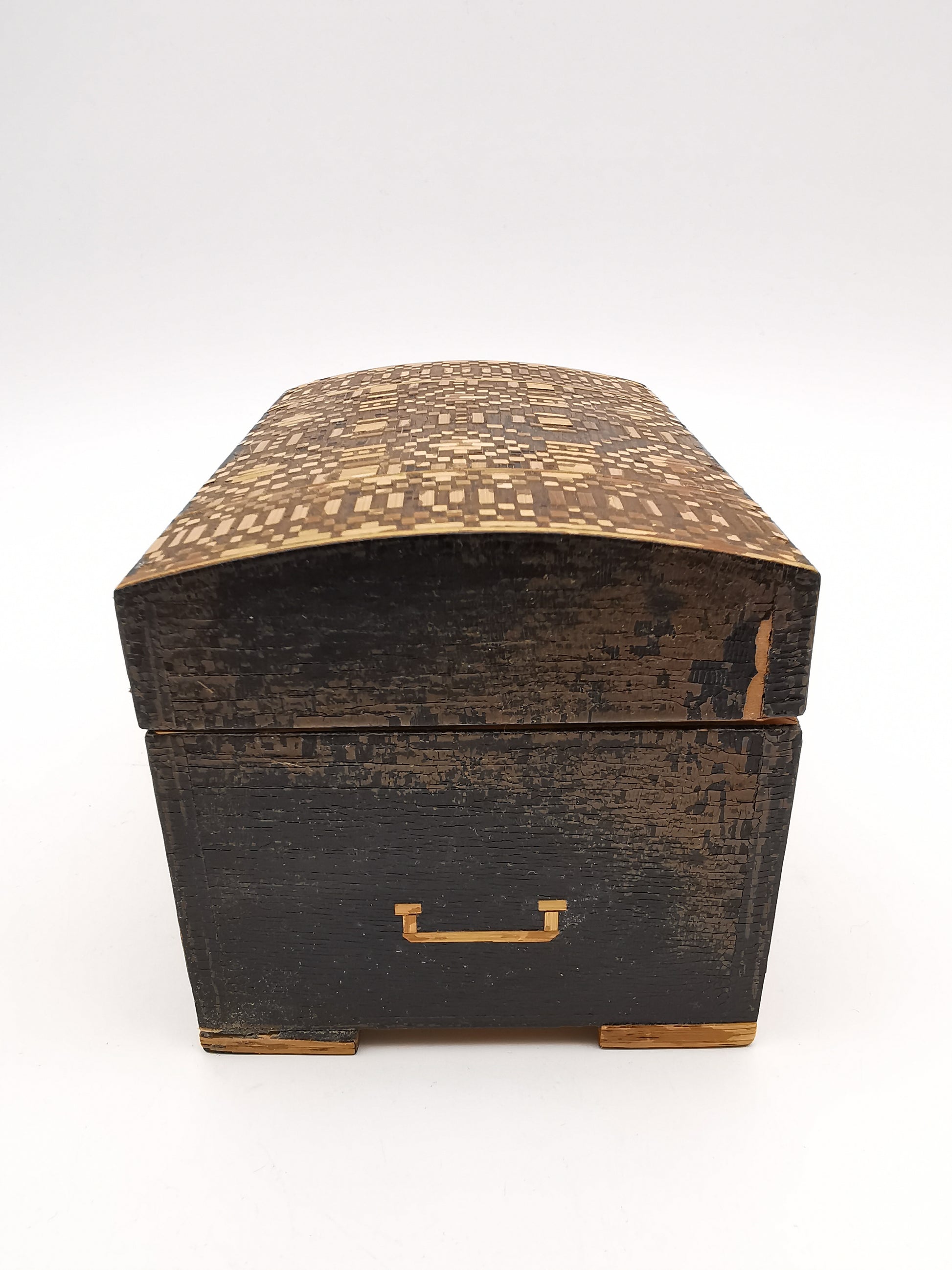 Vintage Straw Marquetry Domed Trinket Box, Intricate Geometric Mosaic Inlay