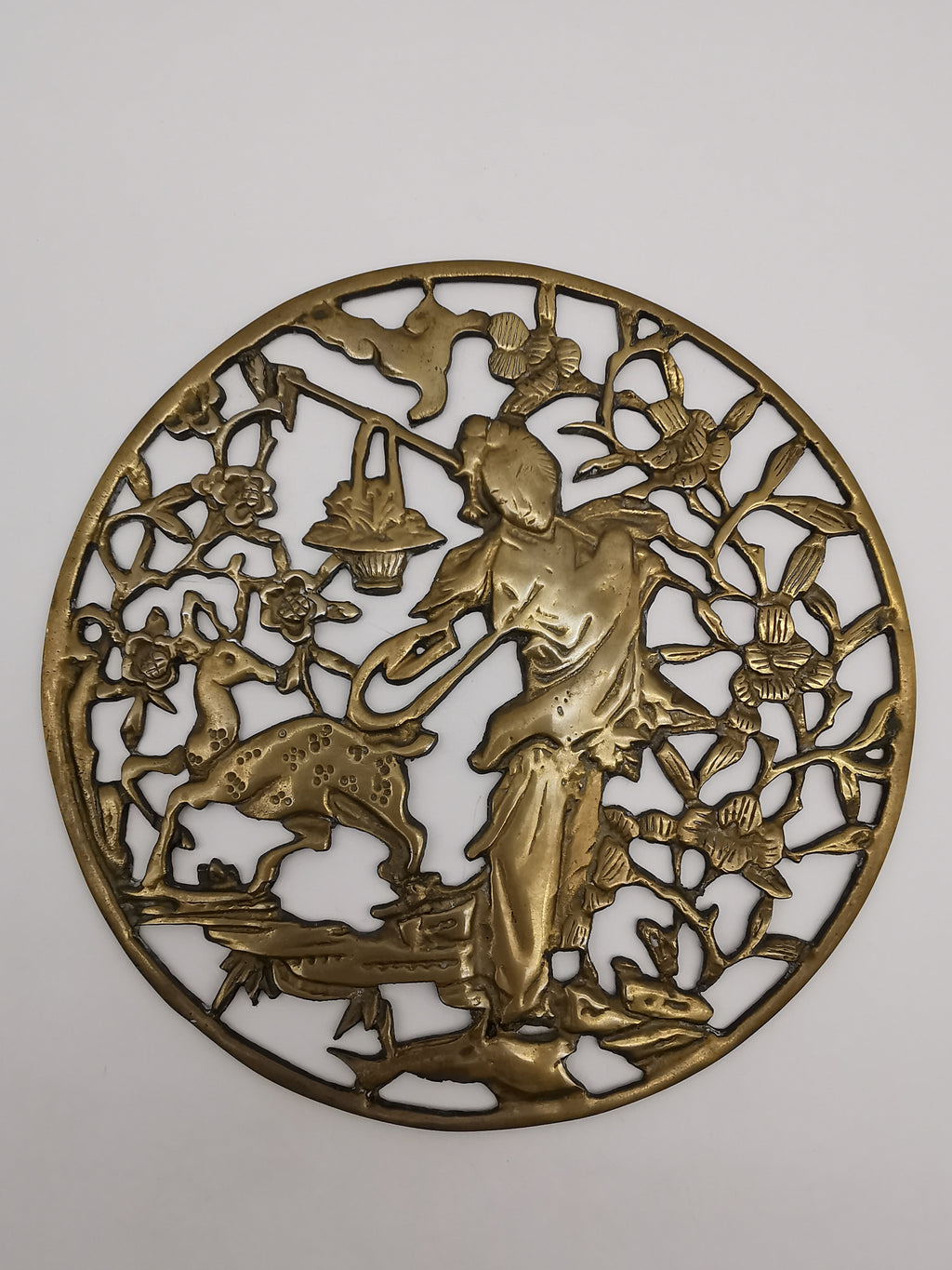Vintage Chinese Openwork Brass Wall Plaque - Goddess Magu & Celestial Deer