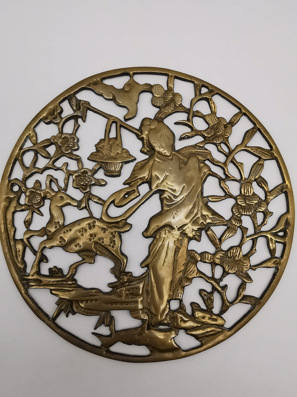 Vintage Chinese Openwork Brass Wall Plaque - Goddess Magu & Celestial Deer