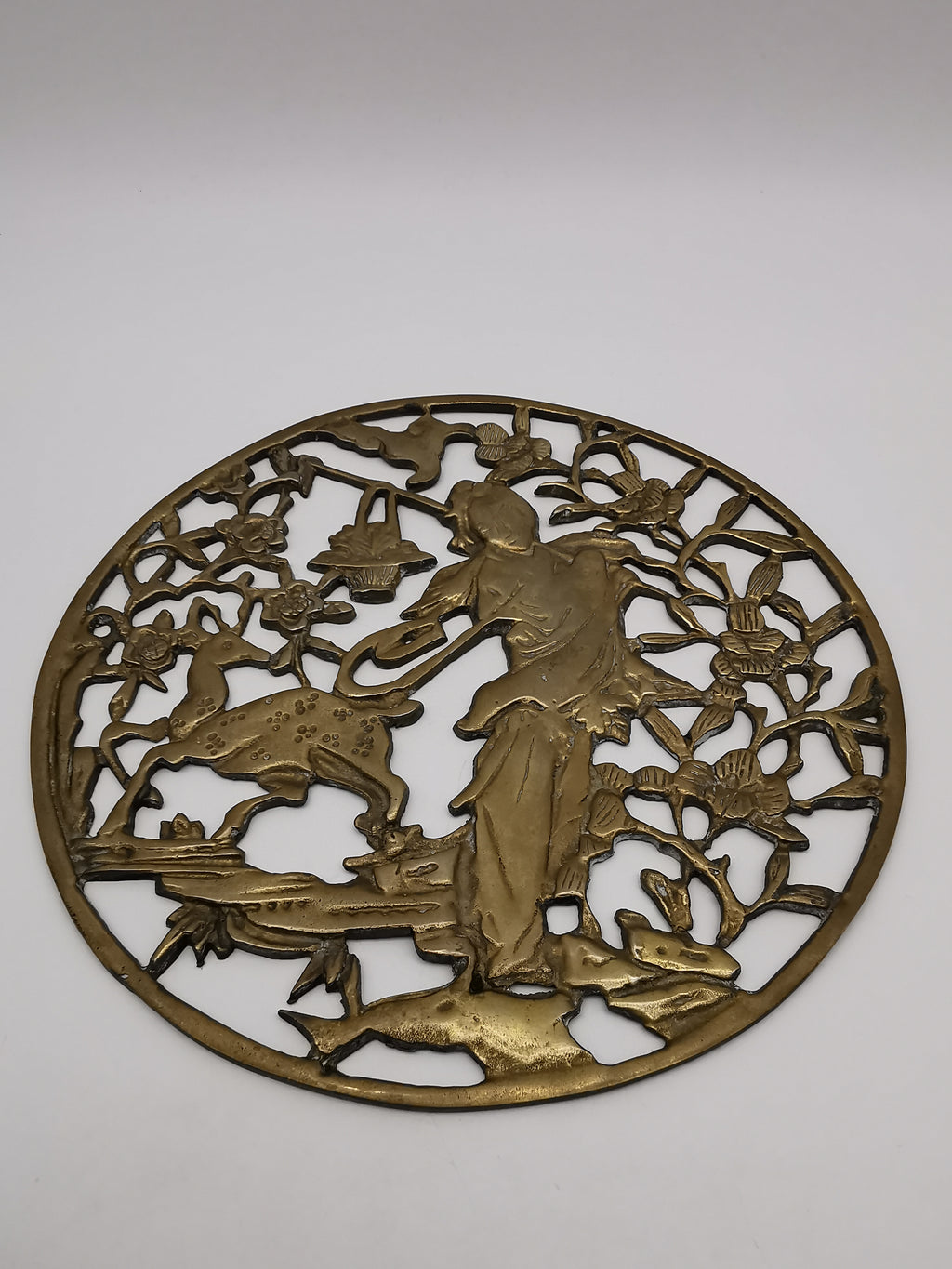 Vintage Chinese Openwork Brass Wall Plaque - Goddess Magu & Celestial Deer