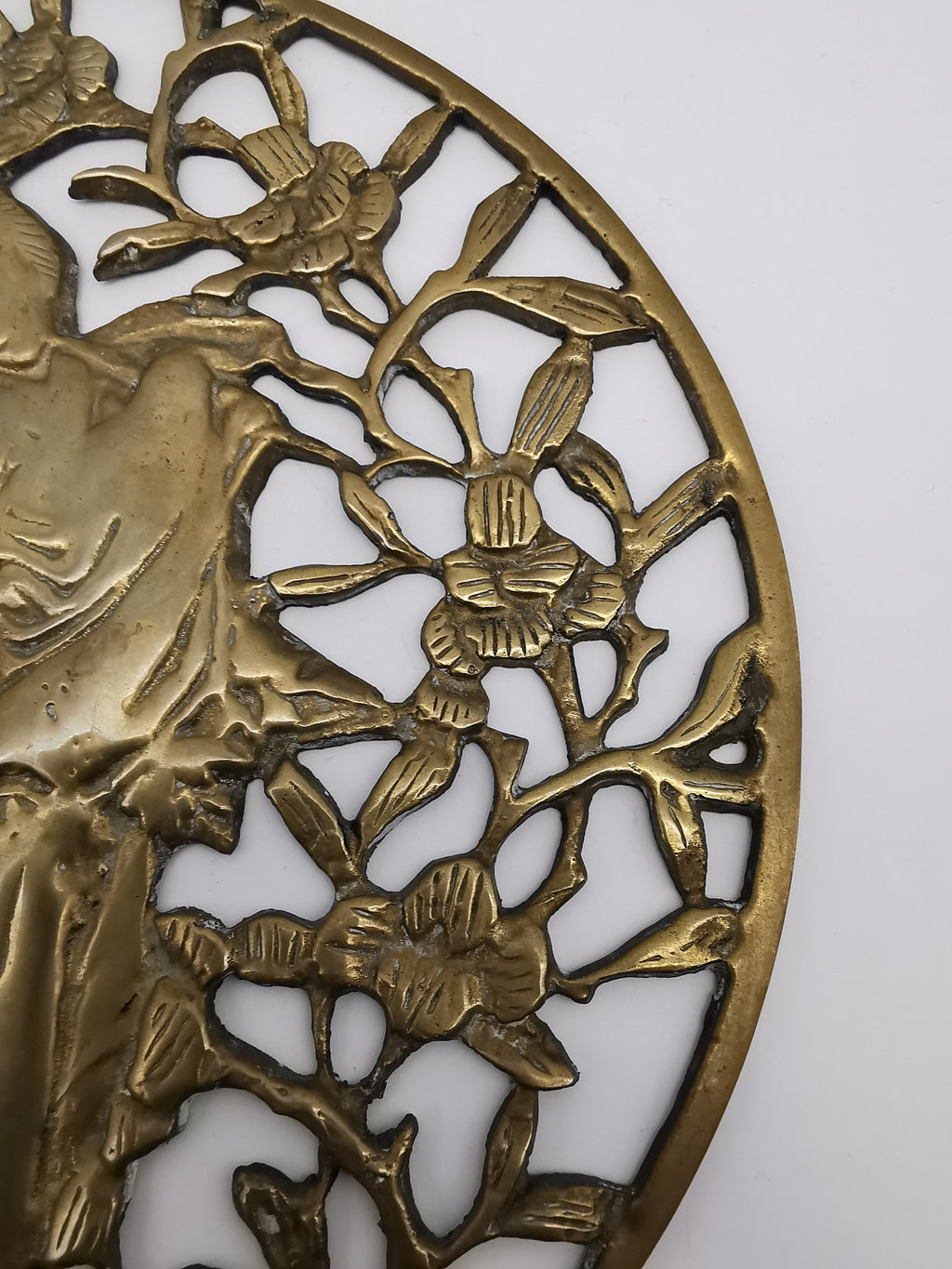 Vintage Chinese Openwork Brass Wall Plaque - Goddess Magu & Celestial Deer