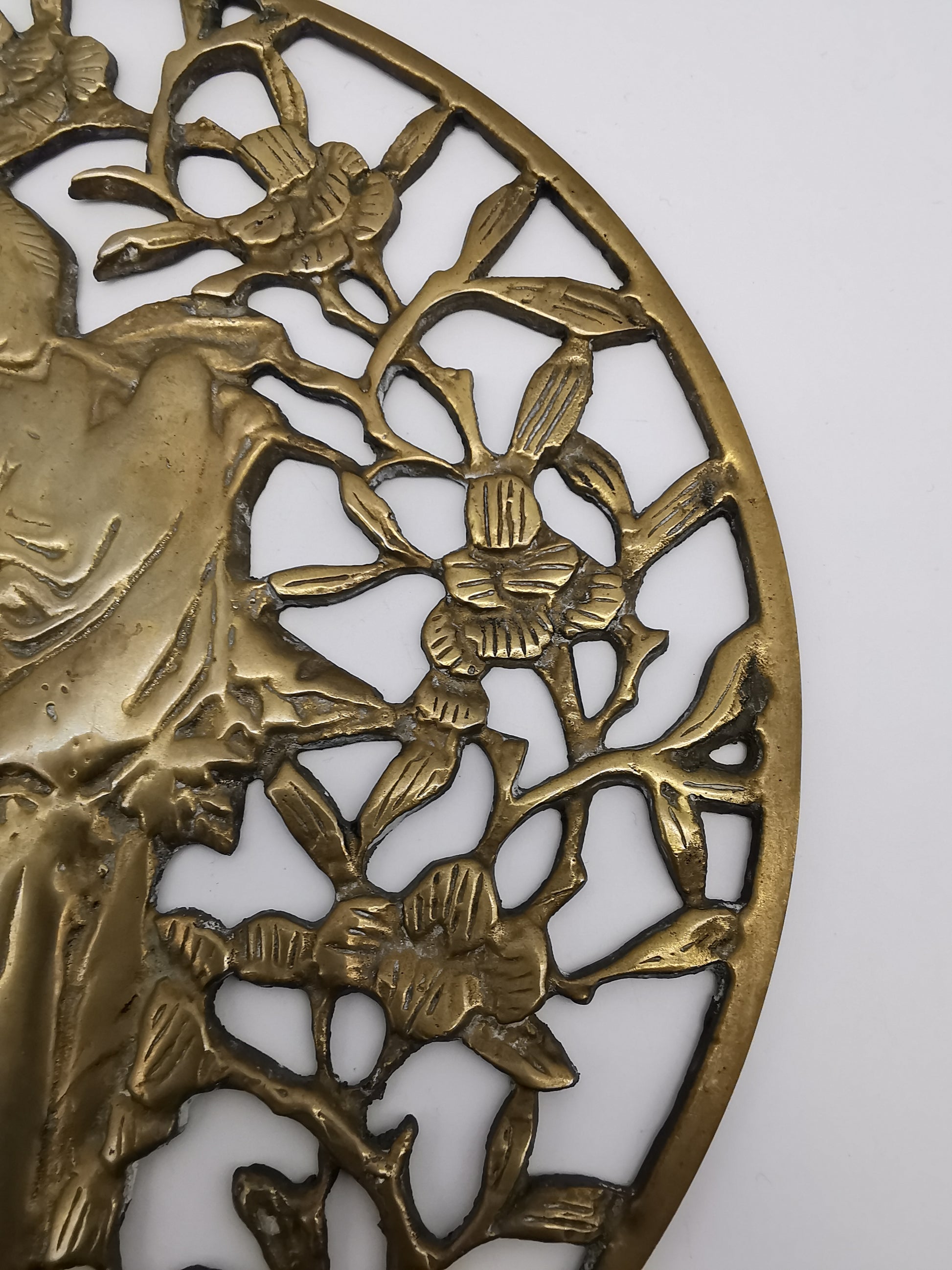Vintage Chinese Openwork Brass Wall Plaque - Goddess Magu & Celestial Deer