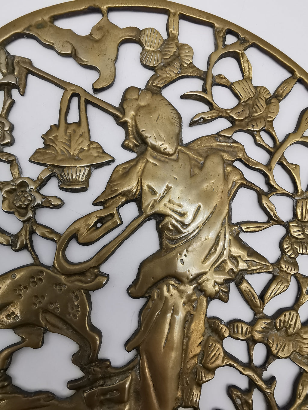 Vintage Chinese Openwork Brass Wall Plaque - Goddess Magu & Celestial Deer