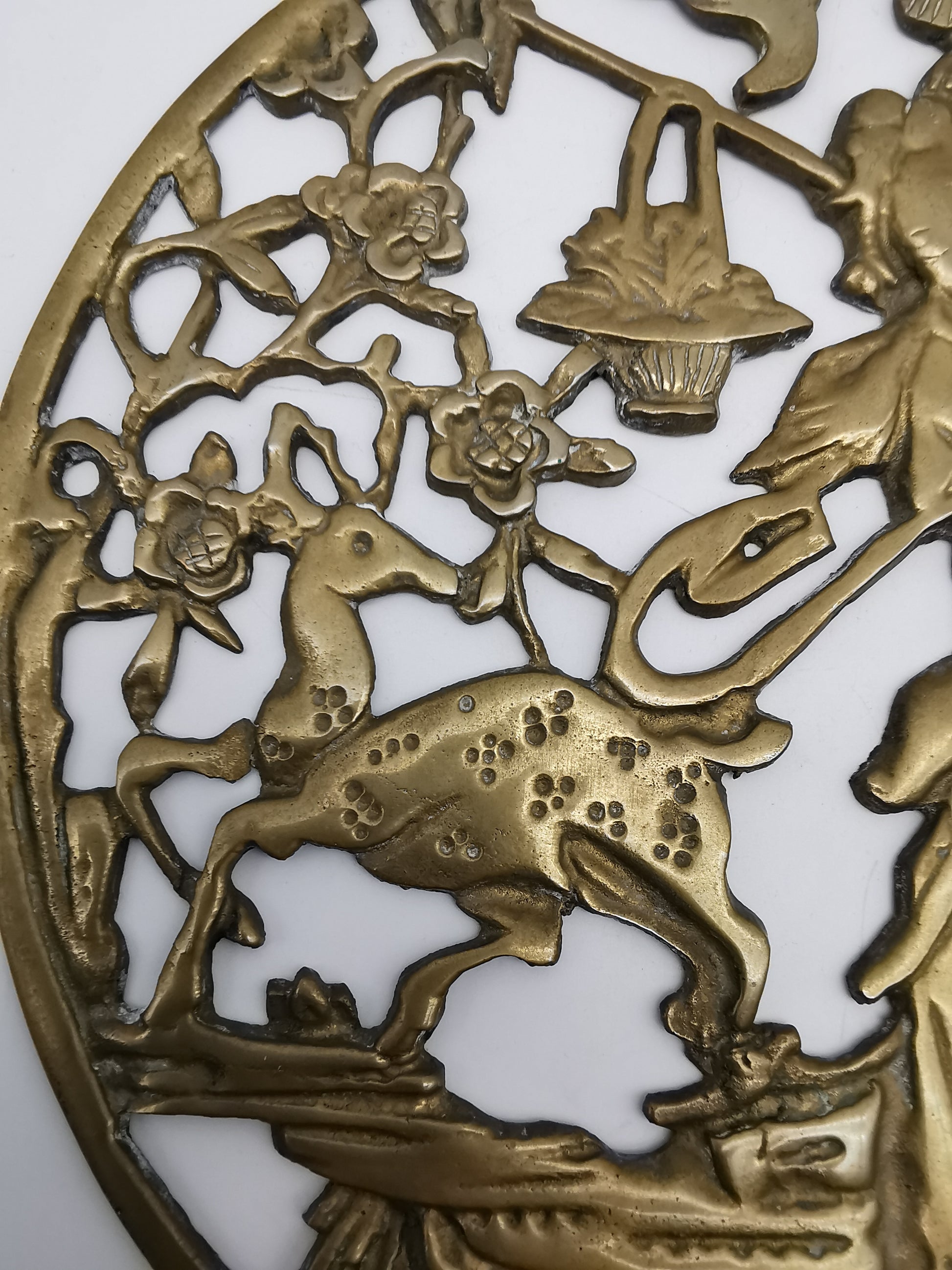 Vintage Chinese Openwork Brass Wall Plaque - Goddess Magu & Celestial Deer