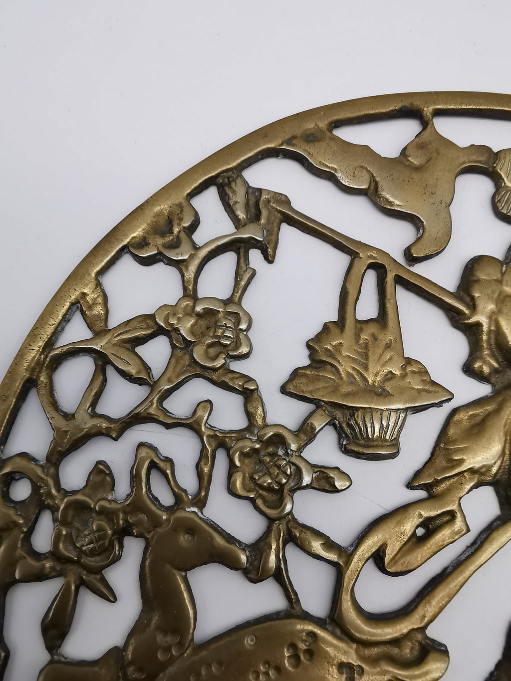 Vintage Chinese Openwork Brass Wall Plaque - Goddess Magu & Celestial Deer
