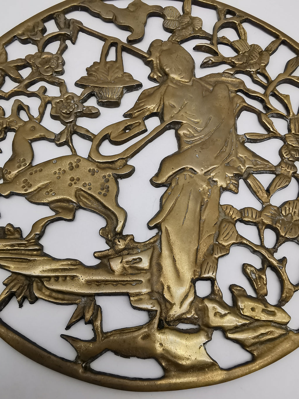 Vintage Chinese Openwork Brass Wall Plaque - Goddess Magu & Celestial Deer