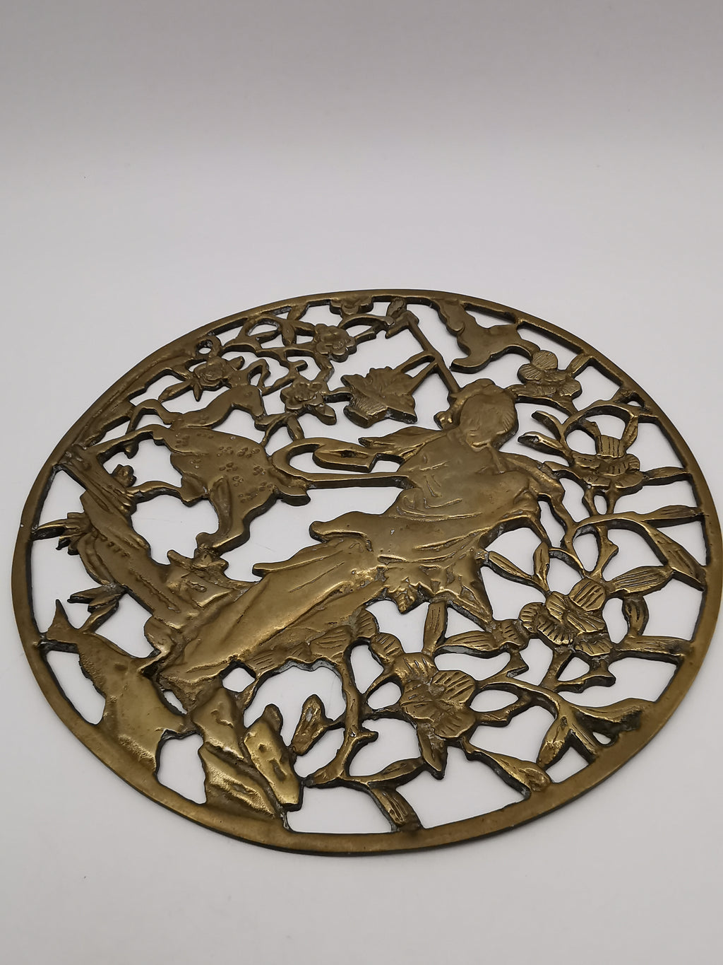 Vintage Chinese Openwork Brass Wall Plaque - Goddess Magu & Celestial Deer