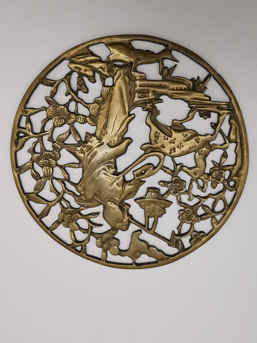 Vintage Chinese Openwork Brass Wall Plaque - Goddess Magu & Celestial Deer