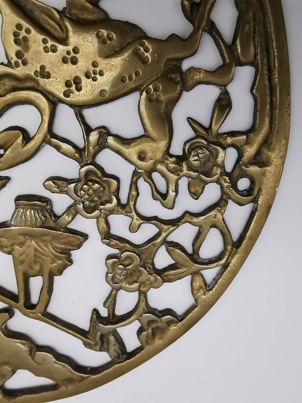 Vintage Chinese Openwork Brass Wall Plaque - Goddess Magu & Celestial Deer