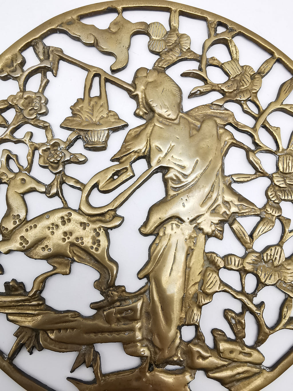 Vintage Chinese Openwork Brass Wall Plaque - Goddess Magu & Celestial Deer