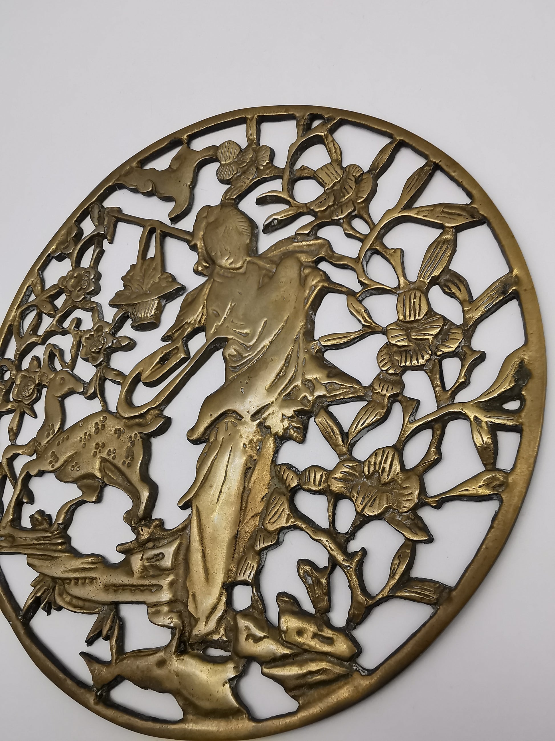 Vintage Chinese Openwork Brass Wall Plaque - Goddess Magu & Celestial Deer