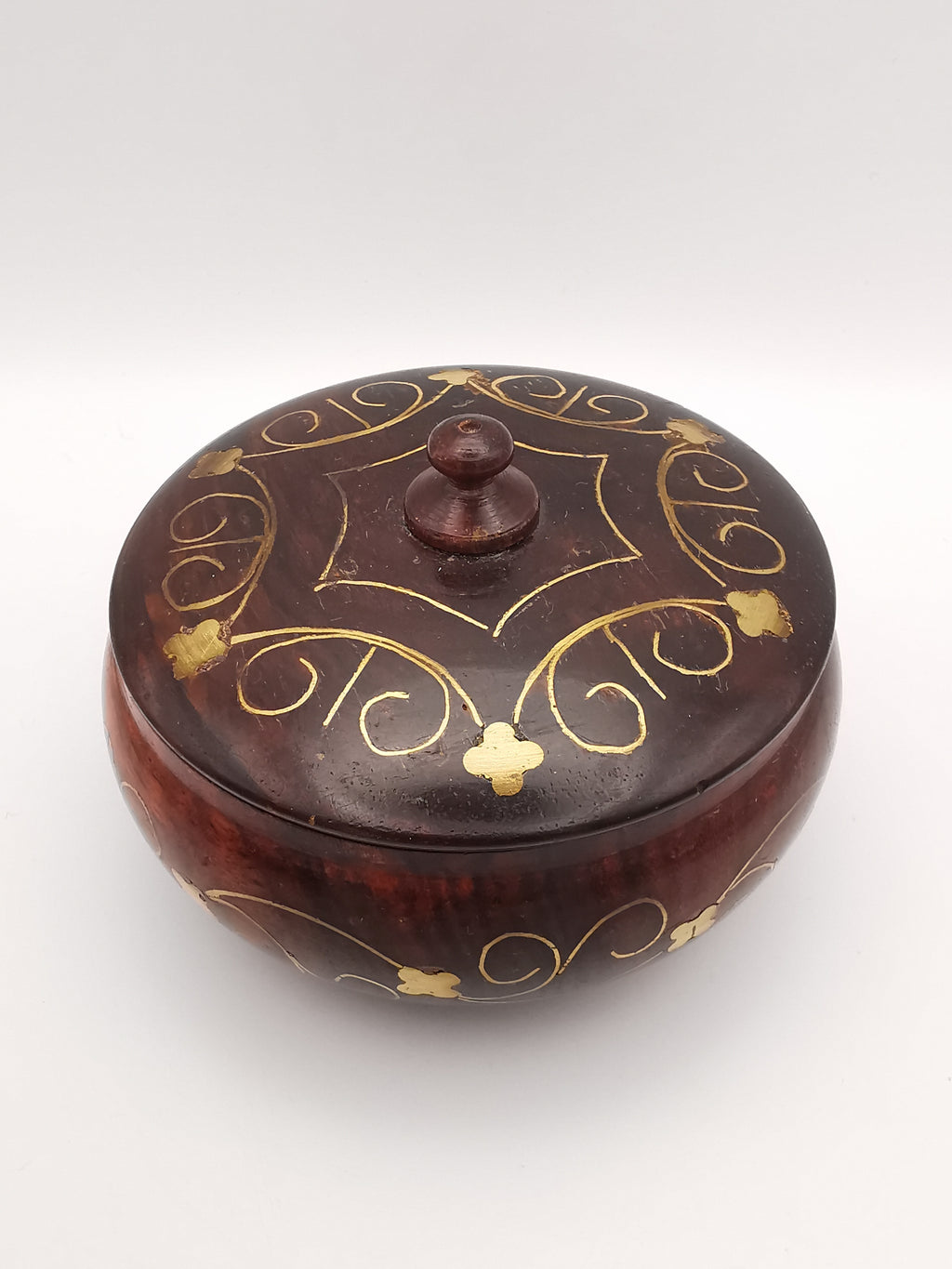 Vintage Indian Hardwood Brass Inlay Trinket Pot