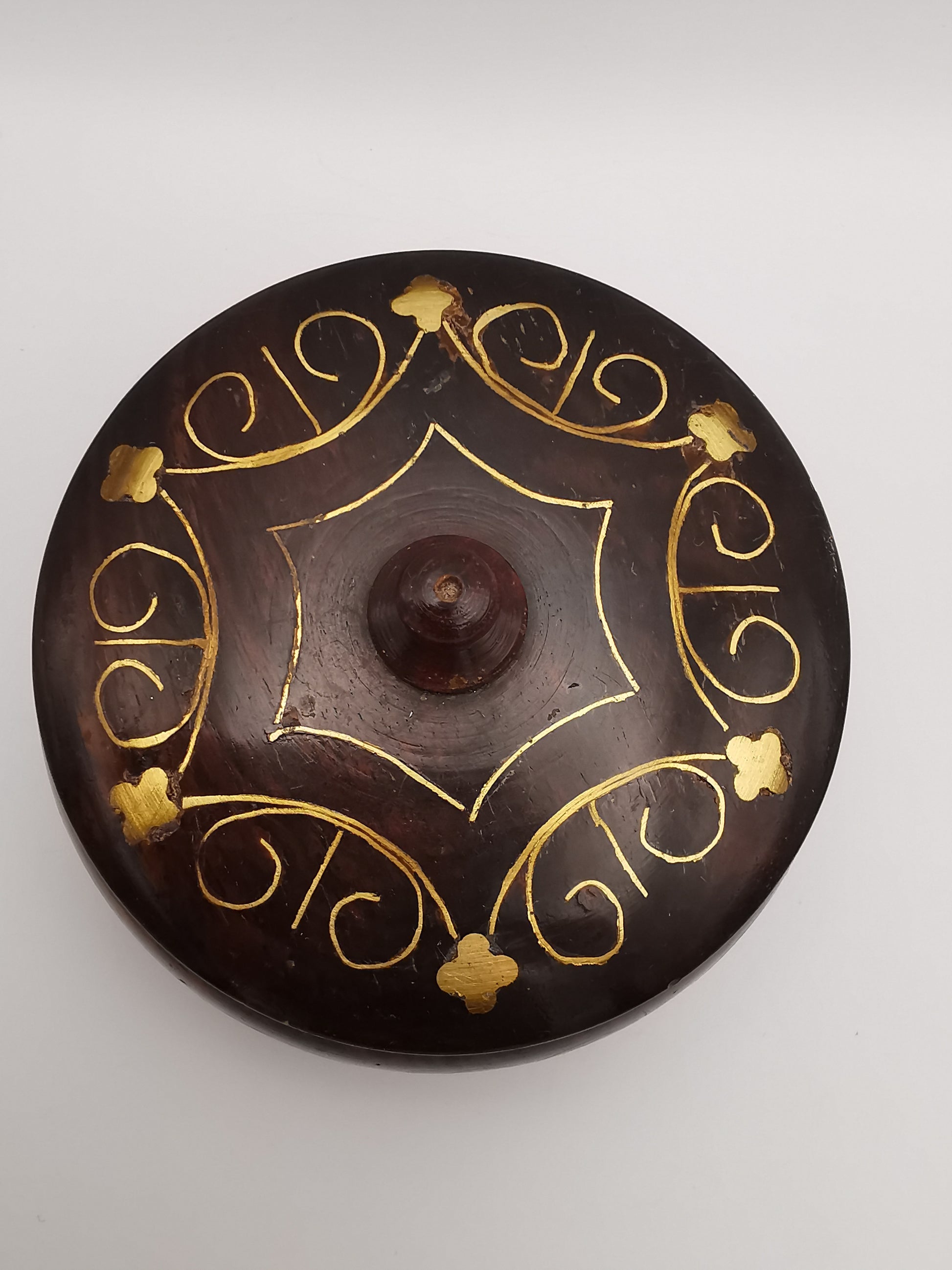 Vintage Indian Hardwood Brass Inlay Trinket Pot