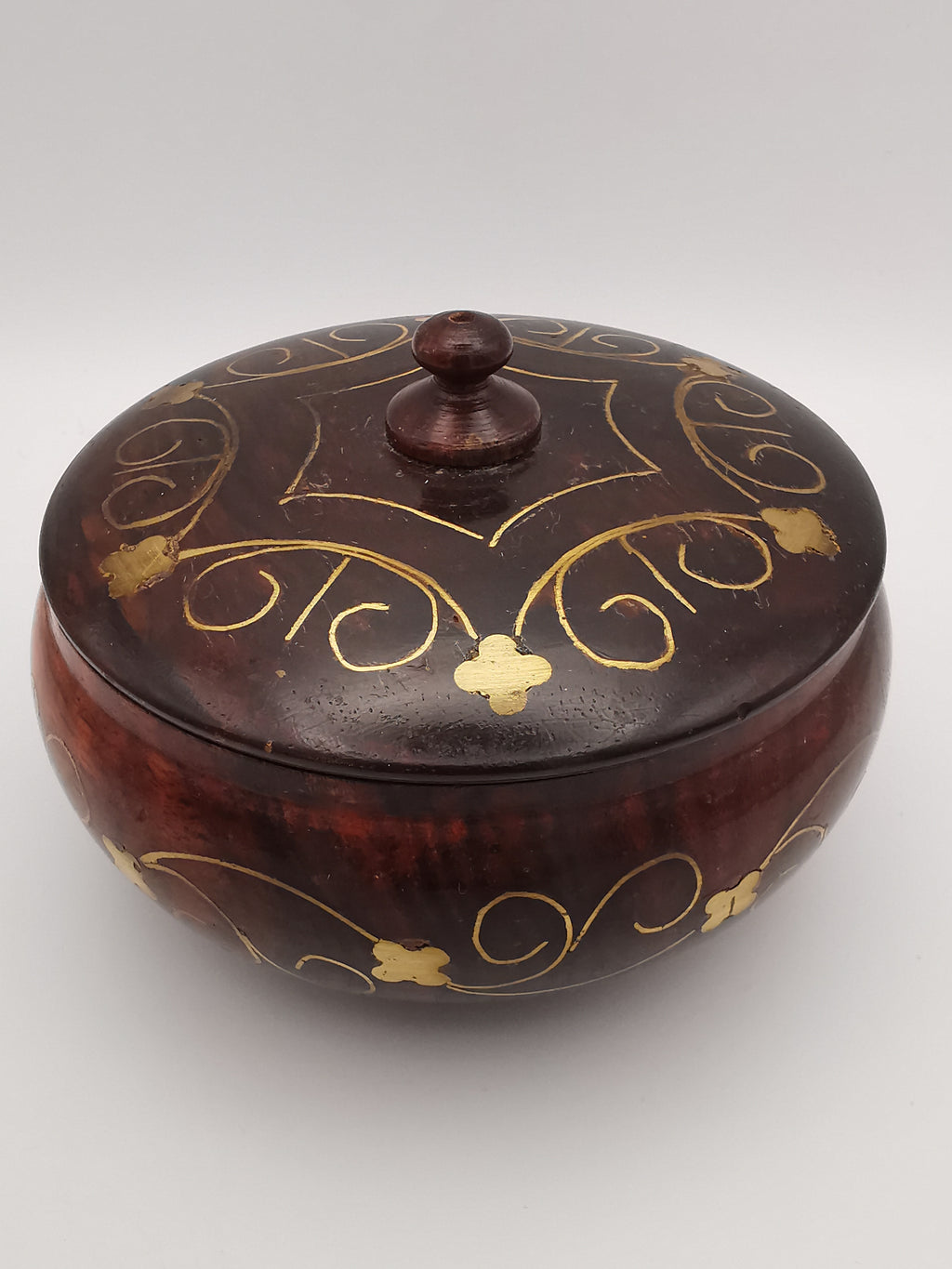 Vintage Indian Hardwood Brass Inlay Trinket Pot