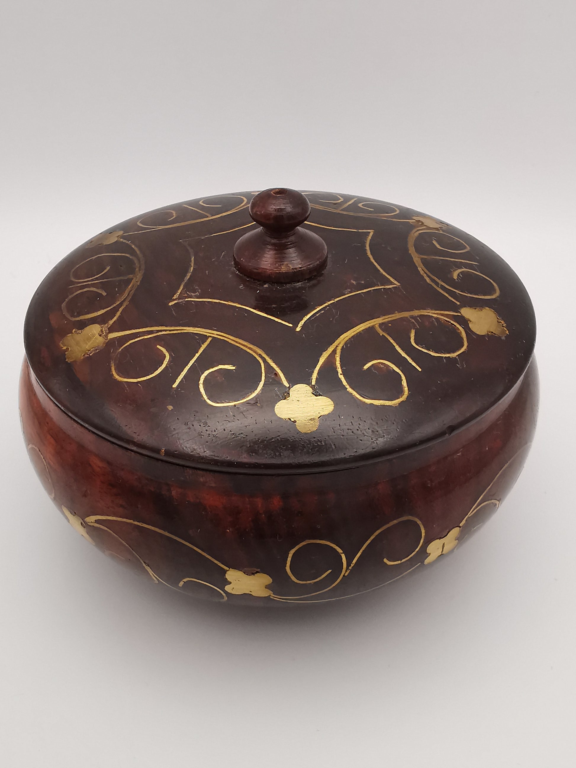 Vintage Indian Hardwood Brass Inlay Trinket Pot