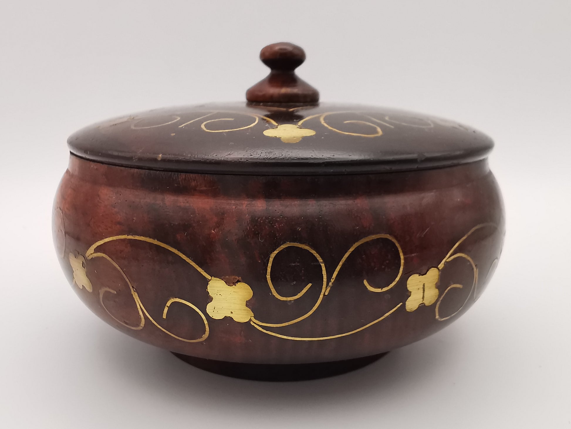 Vintage Indian Hardwood Brass Inlay Trinket Pot